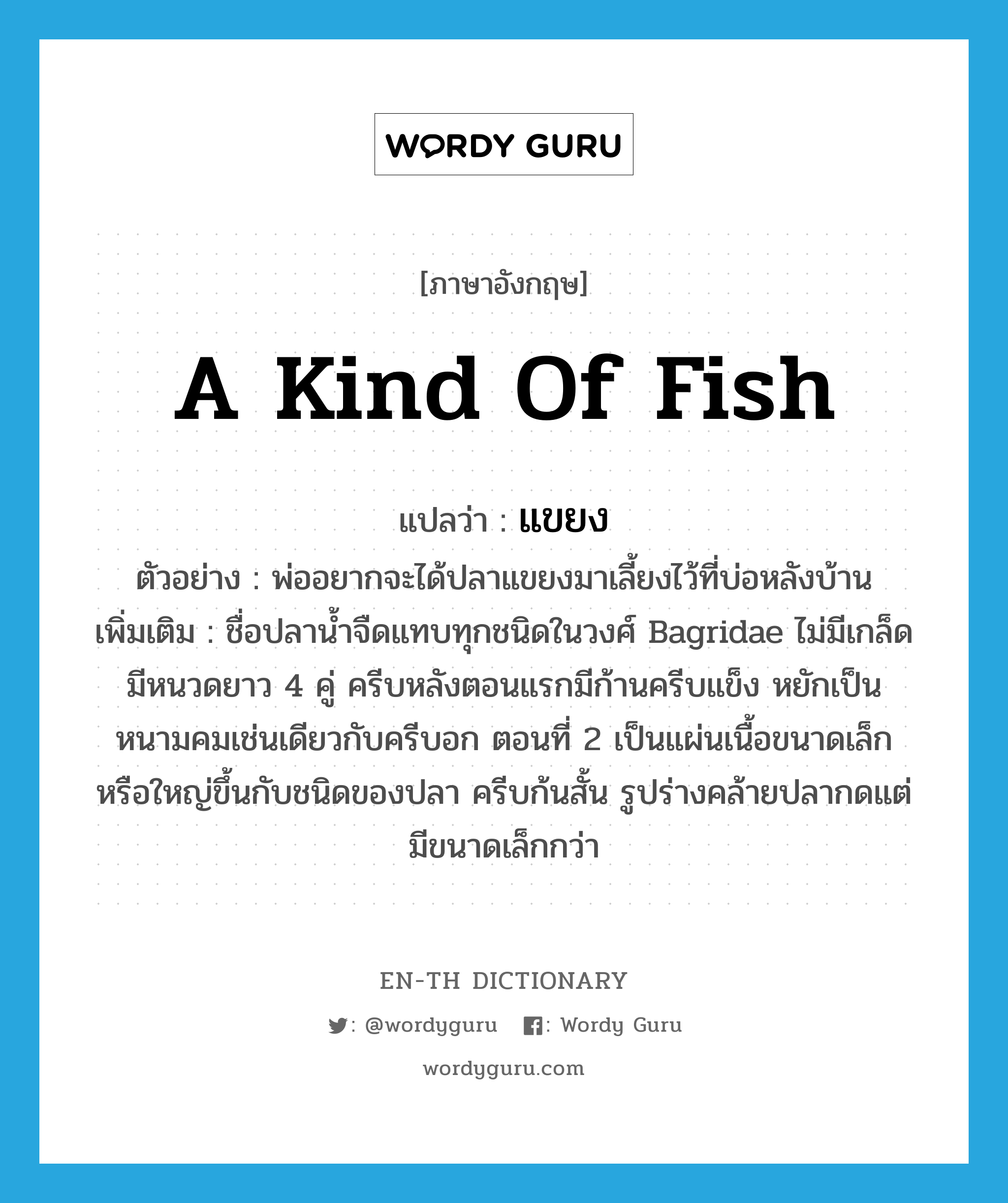 a kind of fish แปลว่า?, คำศัพท์ภาษาอังกฤษ a kind of fish แปลว่า แขยง ประเภท N ตัวอย่าง พ่ออยากจะได้ปลาแขยงมาเลี้ยงไว้ที่บ่อหลังบ้าน เพิ่มเติม ชื่อปลาน้ำจืดแทบทุกชนิดในวงศ์ Bagridae ไม่มีเกล็ด มีหนวดยาว 4 คู่ ครีบหลังตอนแรกมีก้านครีบแข็ง หยักเป็นหนามคมเช่นเดียวกับครีบอก ตอนที่ 2 เป็นแผ่นเนื้อขนาดเล็กหรือใหญ่ขึ้นกับชนิดของปลา ครีบก้นสั้น รูปร่างคล้ายปลากดแต่มีขนาดเล็กกว่า หมวด N