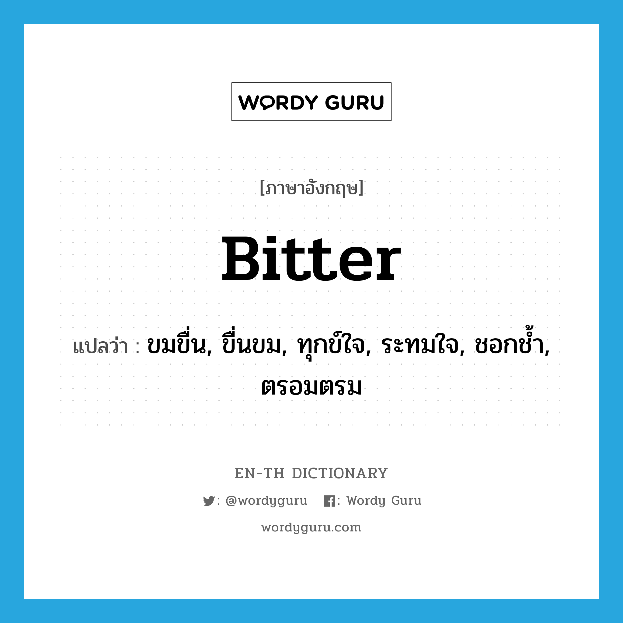 bitter แปลว่า?, คำศัพท์ภาษาอังกฤษ bitter แปลว่า ขมขื่น, ขื่นขม, ทุกข์ใจ, ระทมใจ, ชอกช้ำ, ตรอมตรม ประเภท ADJ หมวด ADJ