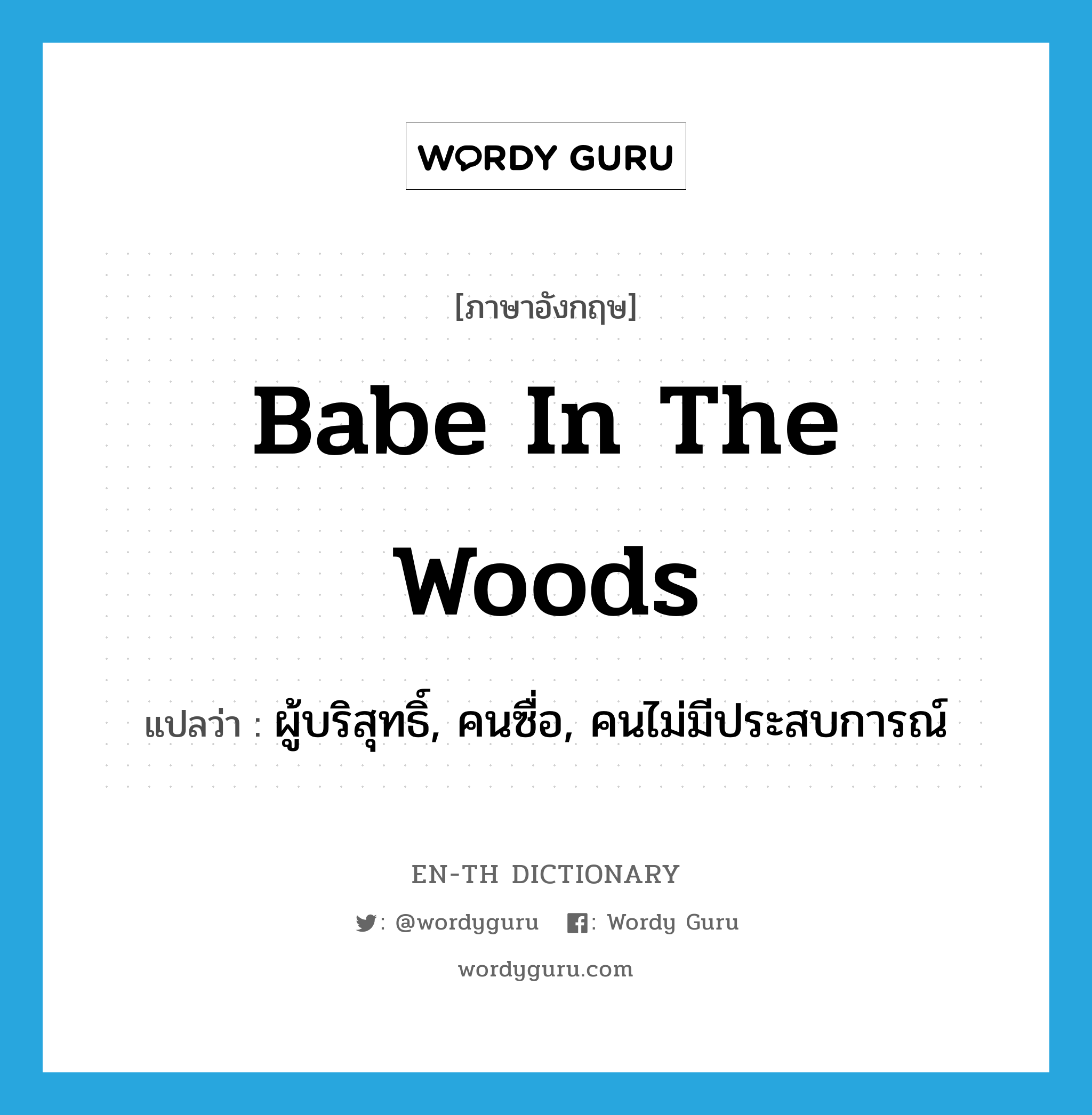 babe in the woods แปลว่า?, คำศัพท์ภาษาอังกฤษ babe in the woods แปลว่า ผู้บริสุทธิ์, คนซื่อ, คนไม่มีประสบการณ์ ประเภท IDM หมวด IDM