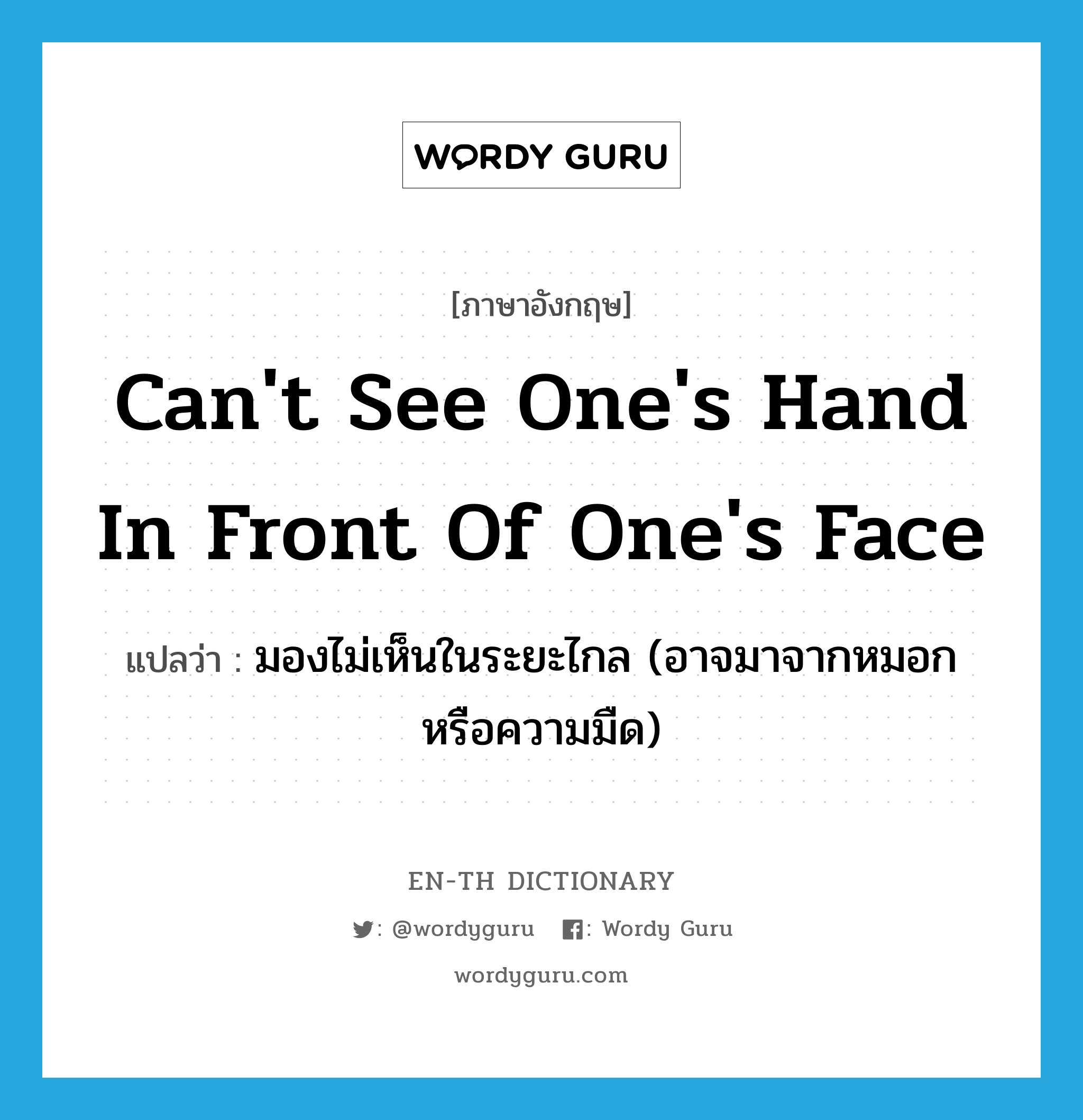 can&#39;t see one&#39;s hand in front of one&#39;s face แปลว่า?, คำศัพท์ภาษาอังกฤษ can&#39;t see one&#39;s hand in front of one&#39;s face แปลว่า มองไม่เห็นในระยะไกล (อาจมาจากหมอกหรือความมืด) ประเภท IDM หมวด IDM