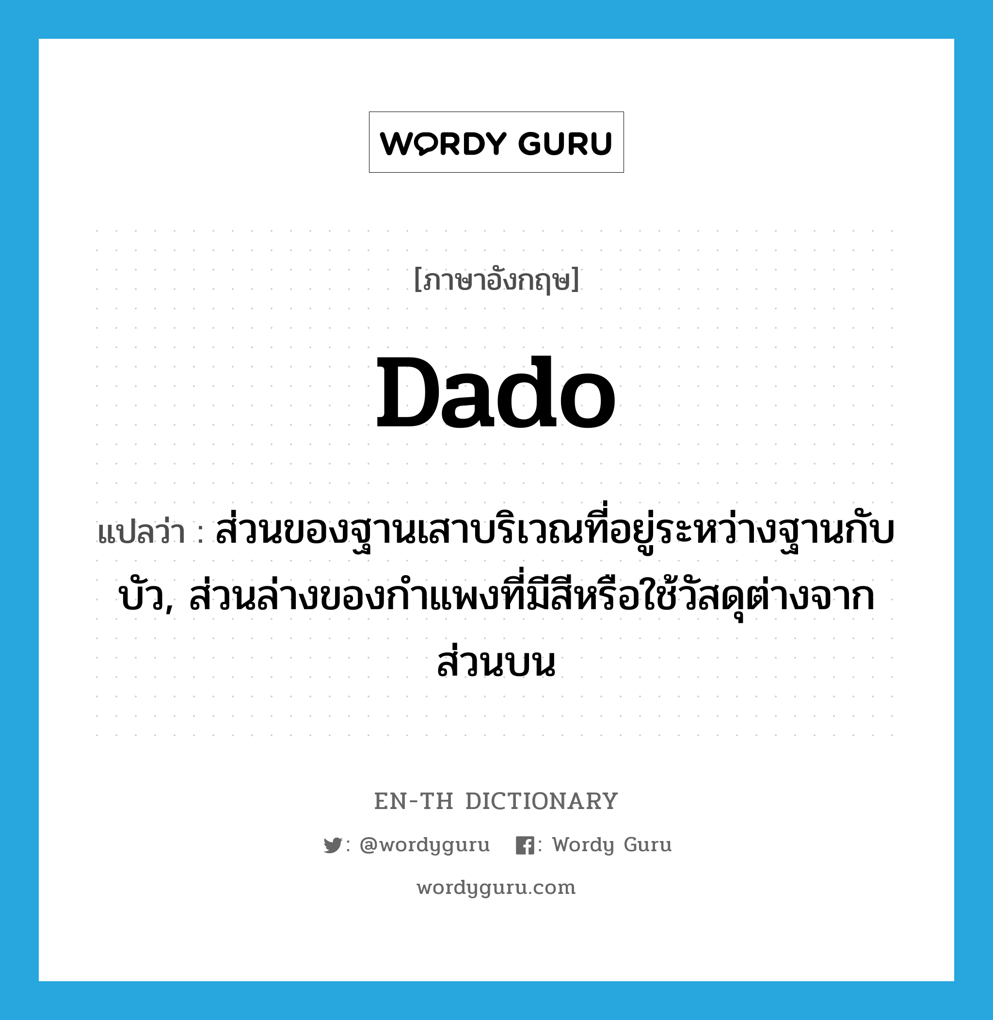 dado แปลว่า?, คำศัพท์ภาษาอังกฤษ dado แปลว่า ส่วนของฐานเสาบริเวณที่อยู่ระหว่างฐานกับบัว, ส่วนล่างของกำแพงที่มีสีหรือใช้วัสดุต่างจากส่วนบน ประเภท N หมวด N