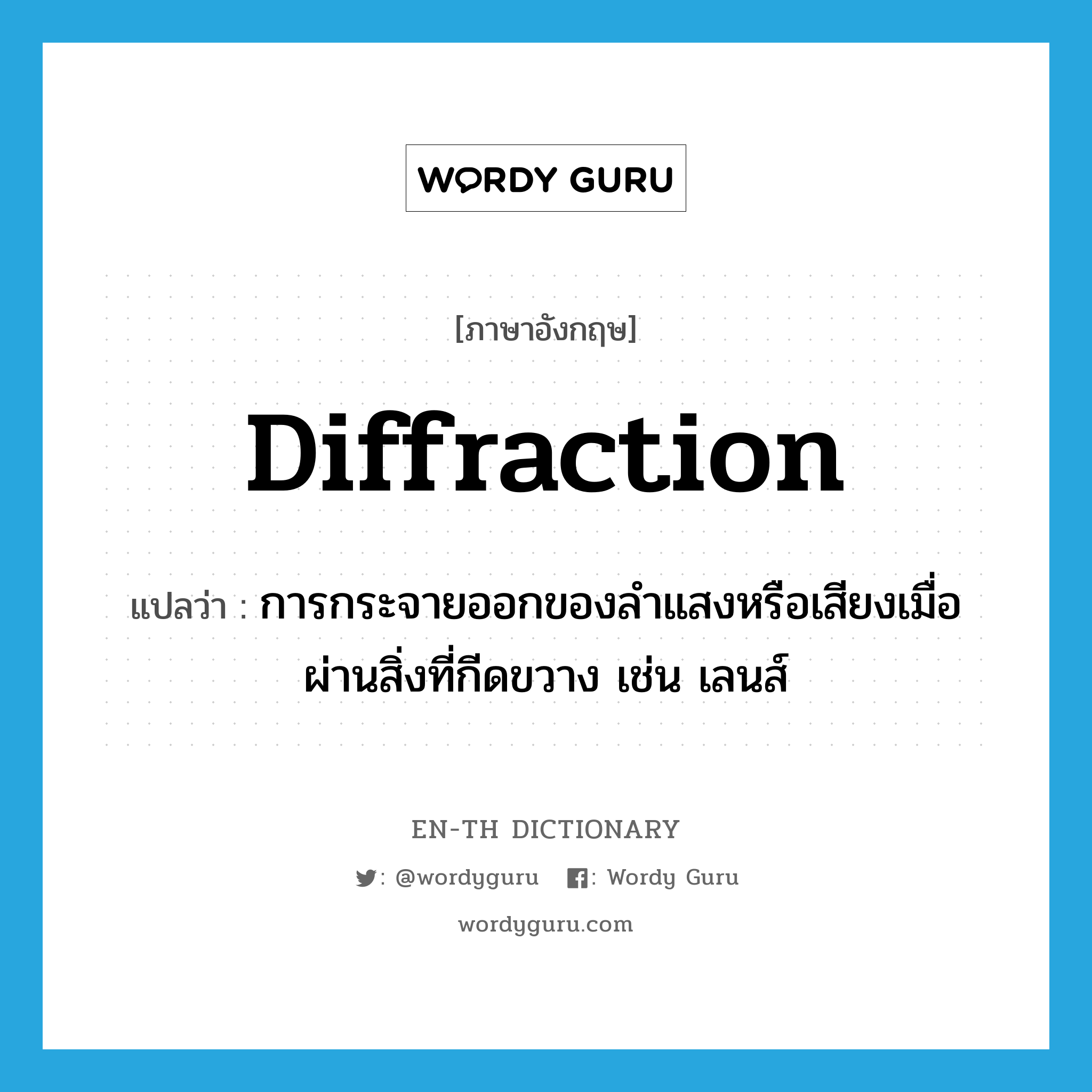 diffraction แปลว่า?, คำศัพท์ภาษาอังกฤษ diffraction แปลว่า การกระจายออกของลำแสงหรือเสียงเมื่อผ่านสิ่งที่กีดขวาง เช่น เลนส์ ประเภท N หมวด N