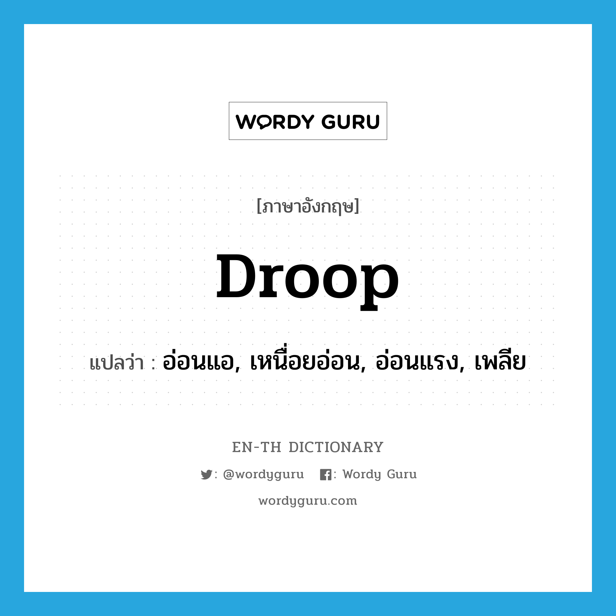 droop แปลว่า?, คำศัพท์ภาษาอังกฤษ droop แปลว่า อ่อนแอ, เหนื่อยอ่อน, อ่อนแรง, เพลีย ประเภท VT หมวด VT