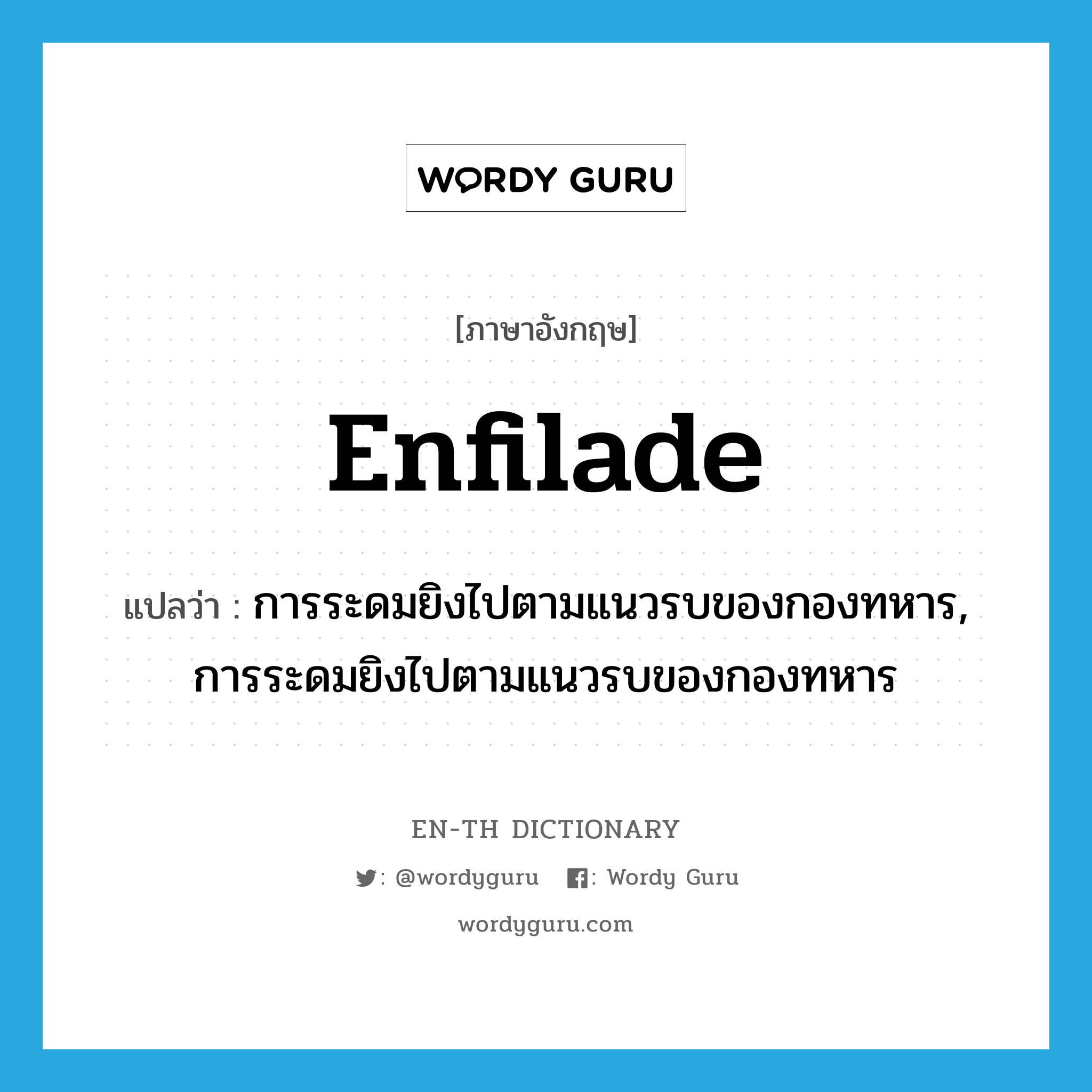 enfilade แปลว่า?, คำศัพท์ภาษาอังกฤษ enfilade แปลว่า การระดมยิงไปตามแนวรบของกองทหาร, การระดมยิงไปตามแนวรบของกองทหาร ประเภท N หมวด N