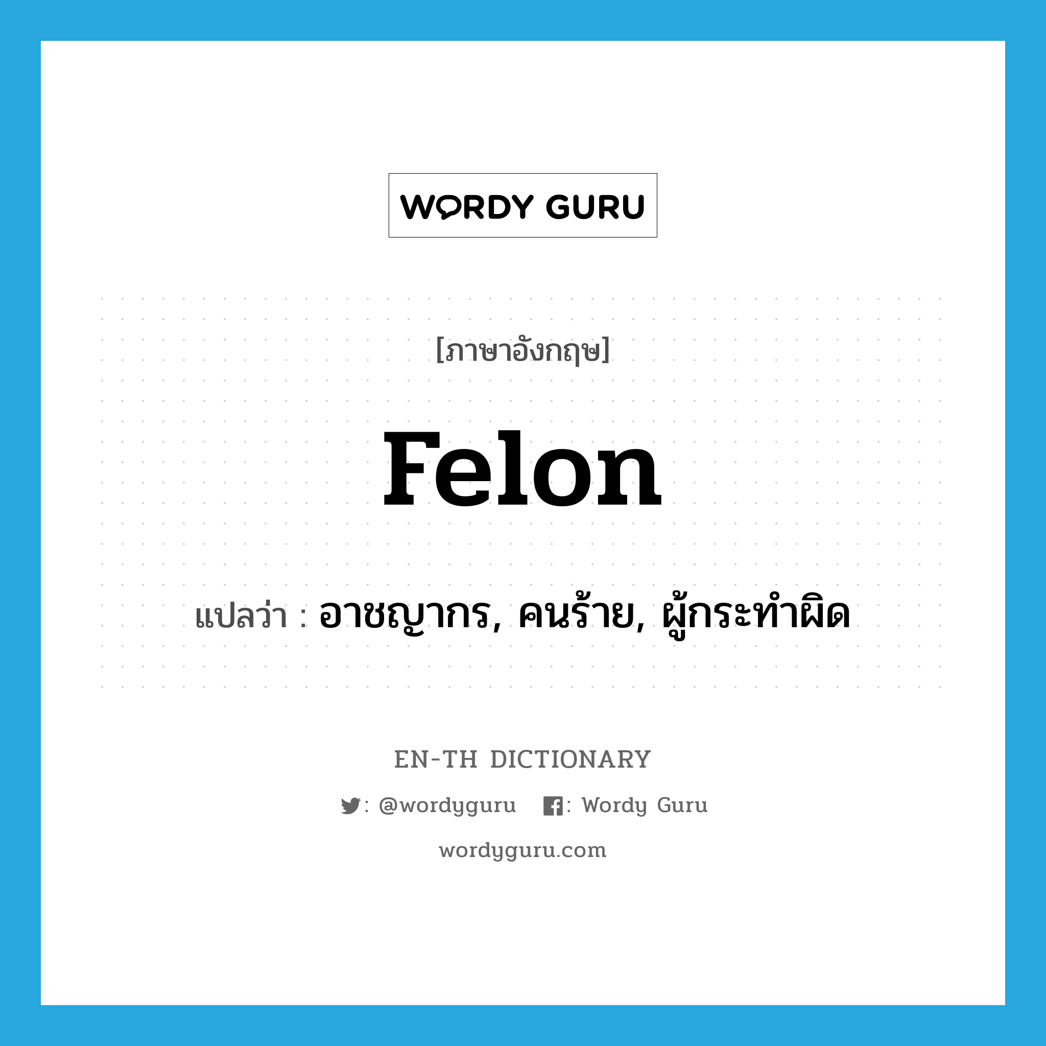 felon แปลว่า?, คำศัพท์ภาษาอังกฤษ felon แปลว่า อาชญากร, คนร้าย, ผู้กระทำผิด ประเภท N หมวด N