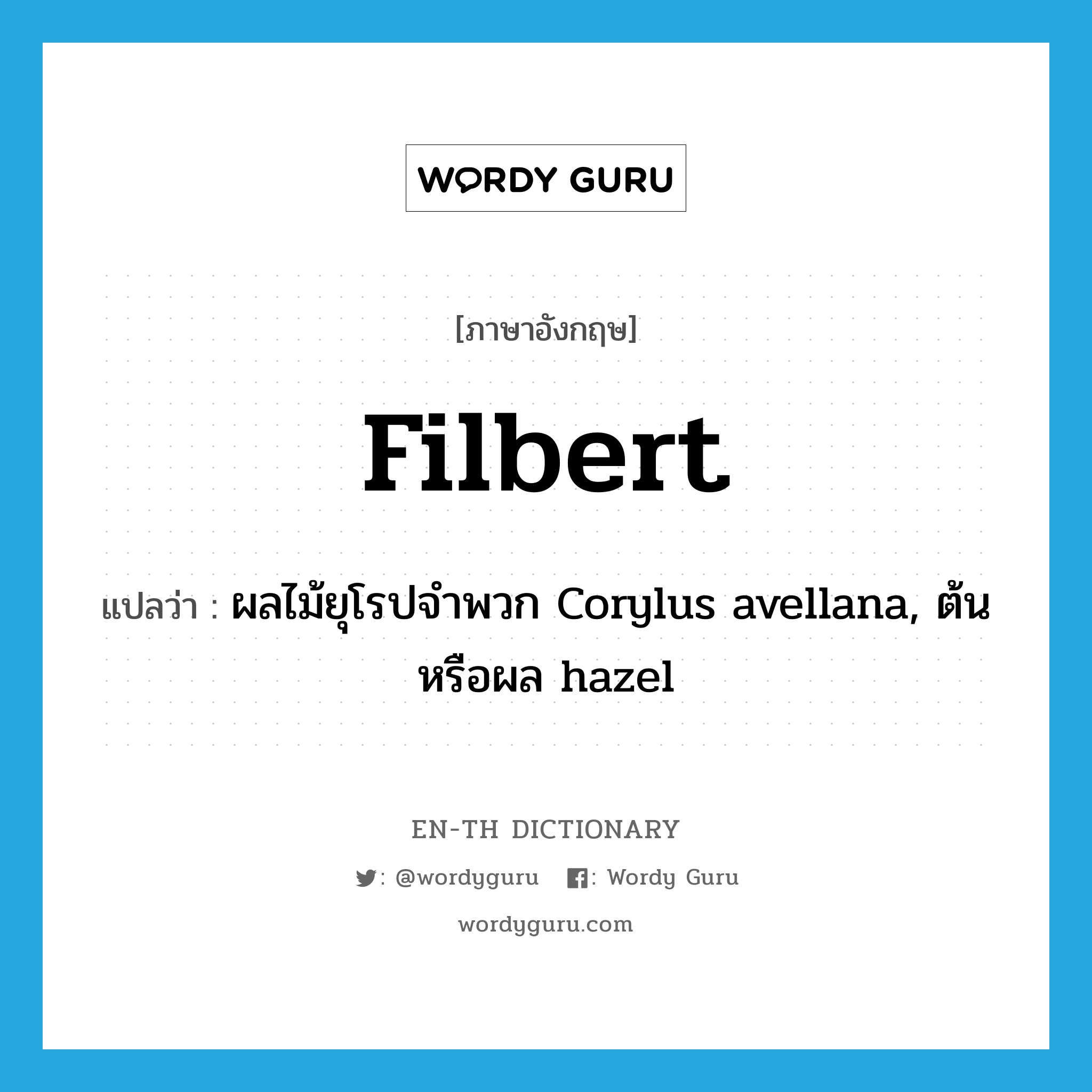 filbert แปลว่า?, คำศัพท์ภาษาอังกฤษ filbert แปลว่า ผลไม้ยุโรปจำพวก Corylus avellana, ต้นหรือผล hazel ประเภท N หมวด N