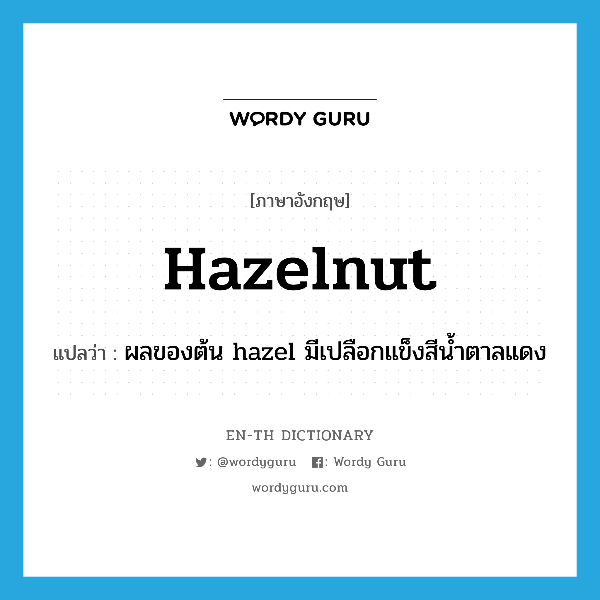 hazelnut แปลว่า?, คำศัพท์ภาษาอังกฤษ hazelnut แปลว่า ผลของต้น hazel มีเปลือกแข็งสีน้ำตาลแดง ประเภท N หมวด N