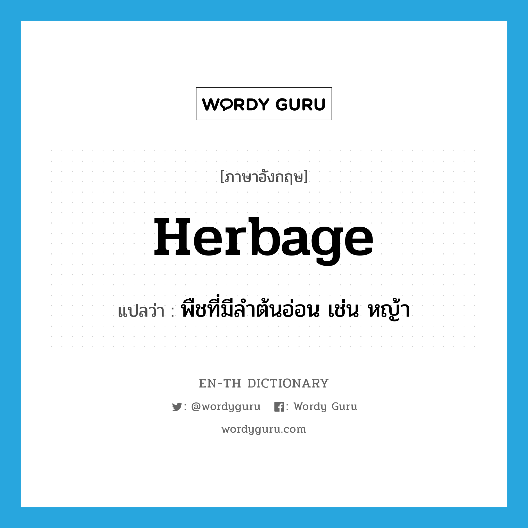 herbage แปลว่า?, คำศัพท์ภาษาอังกฤษ herbage แปลว่า พืชที่มีลำต้นอ่อน เช่น หญ้า ประเภท N หมวด N