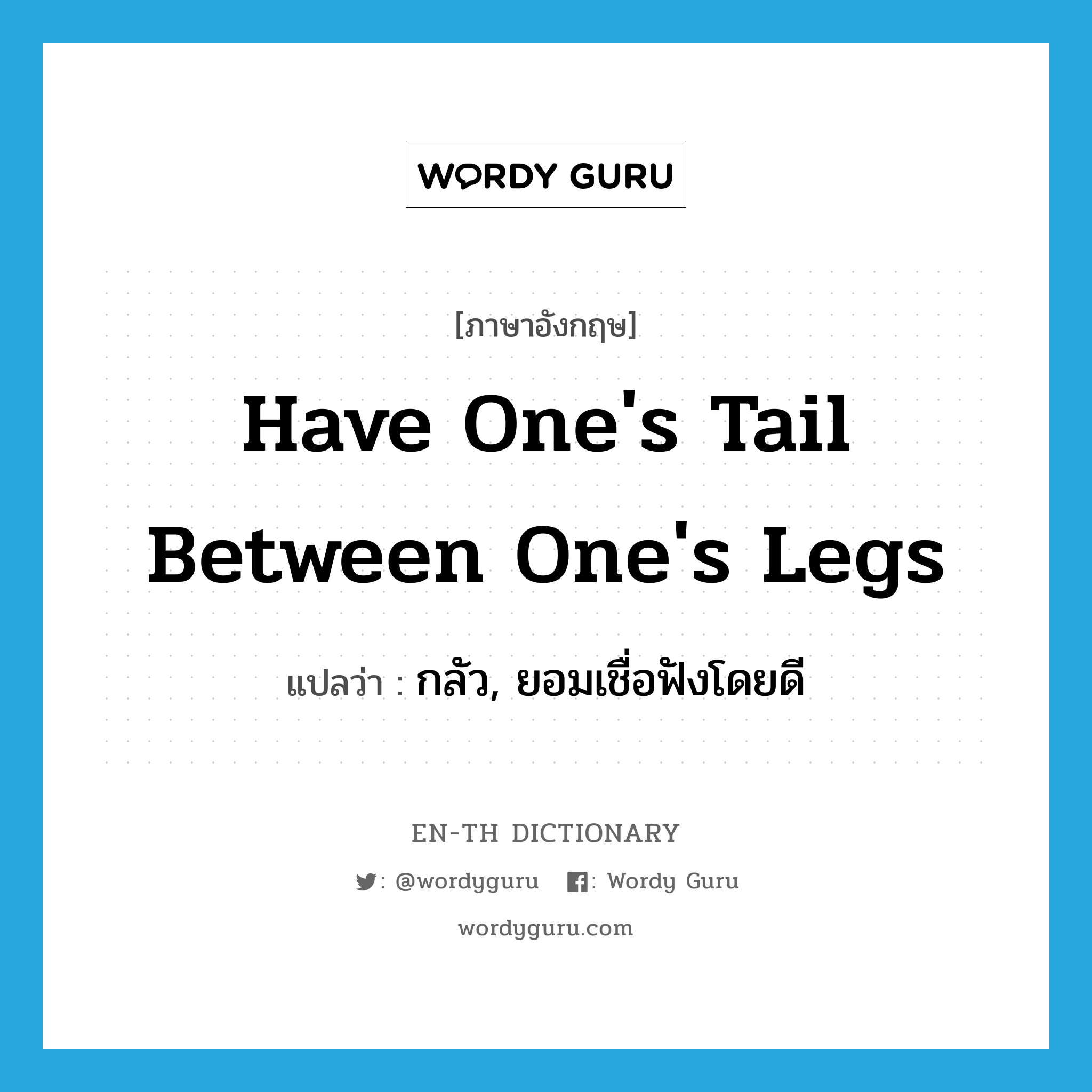 have one&#39;s tail between one&#39;s legs แปลว่า?, คำศัพท์ภาษาอังกฤษ have one&#39;s tail between one&#39;s legs แปลว่า กลัว, ยอมเชื่อฟังโดยดี ประเภท IDM หมวด IDM