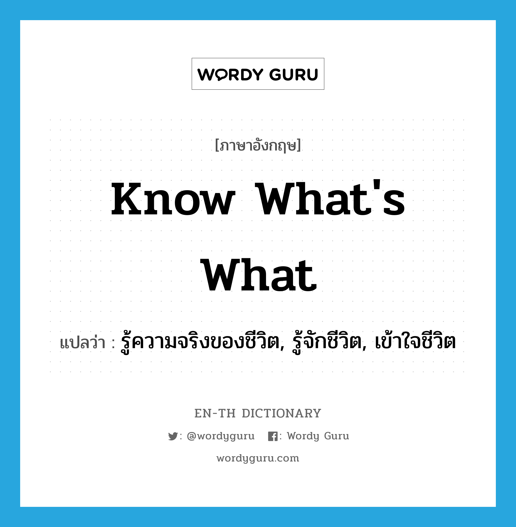 know what&#39;s what แปลว่า?, คำศัพท์ภาษาอังกฤษ know what&#39;s what แปลว่า รู้ความจริงของชีวิต, รู้จักชีวิต, เข้าใจชีวิต ประเภท IDM หมวด IDM