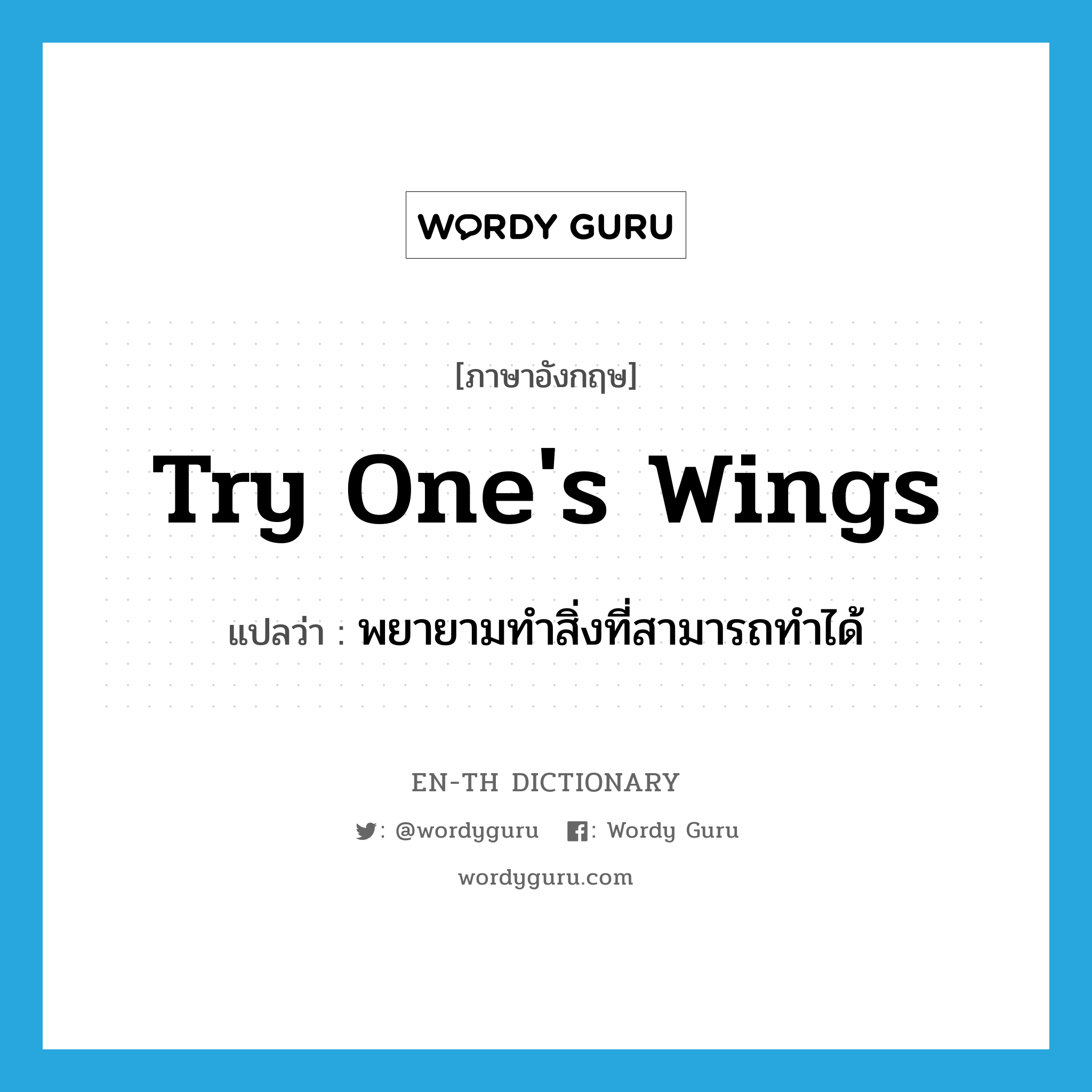 try one&#39;s wings แปลว่า?, คำศัพท์ภาษาอังกฤษ try one&#39;s wings แปลว่า พยายามทำสิ่งที่สามารถทำได้ ประเภท IDM หมวด IDM