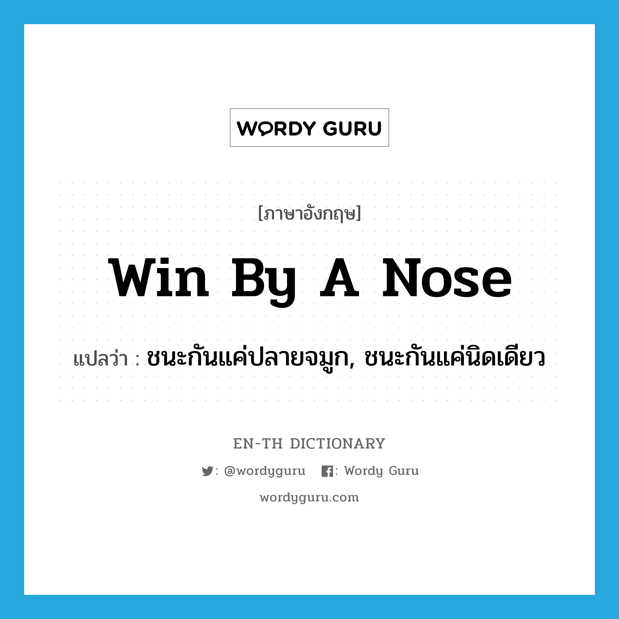 win by a nose แปลว่า?, คำศัพท์ภาษาอังกฤษ win by a nose แปลว่า ชนะกันแค่ปลายจมูก, ชนะกันแค่นิดเดียว ประเภท IDM หมวด IDM