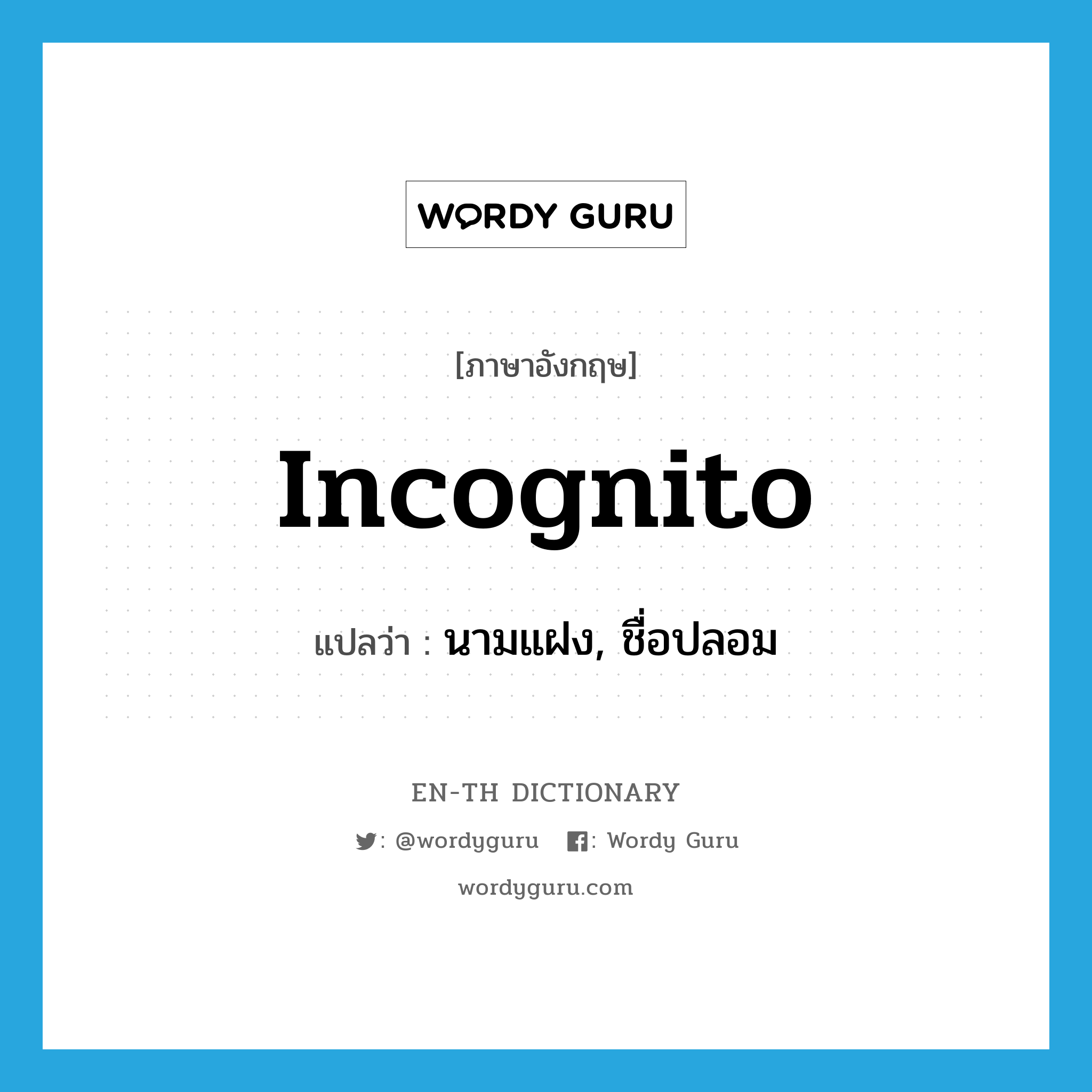 incognito แปลว่า?, คำศัพท์ภาษาอังกฤษ incognito แปลว่า นามแฝง, ชื่อปลอม ประเภท N หมวด N