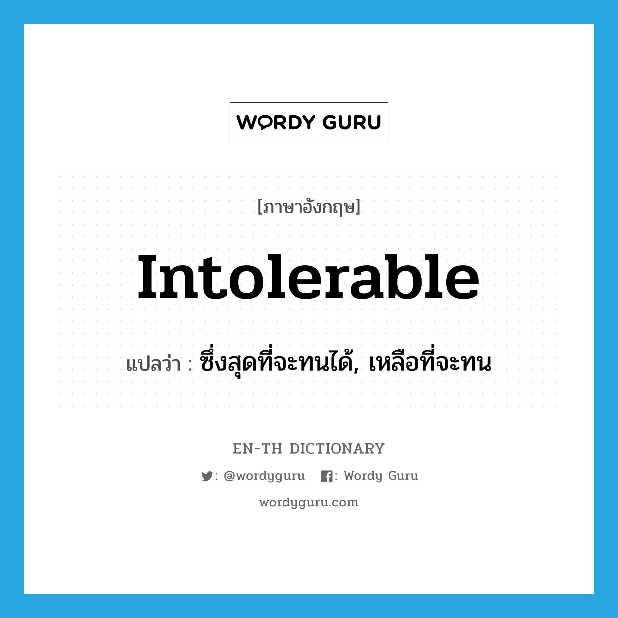 intolerable แปลว่า?, คำศัพท์ภาษาอังกฤษ intolerable แปลว่า ซึ่งสุดที่จะทนได้, เหลือที่จะทน ประเภท ADJ หมวด ADJ