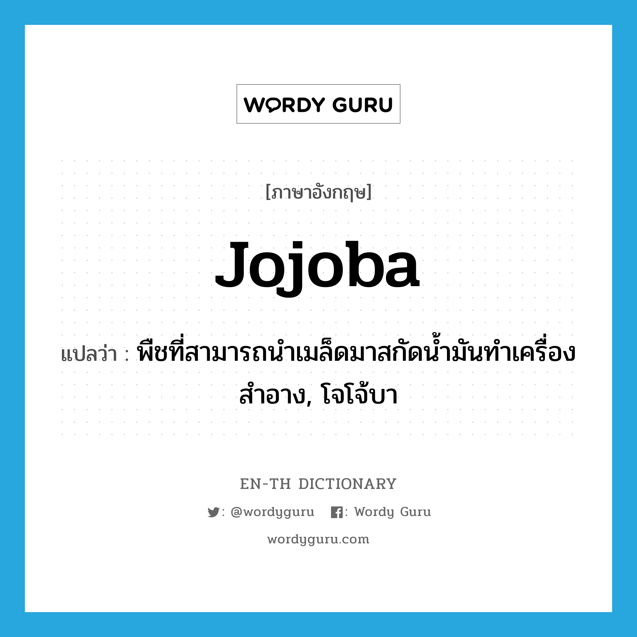 jojoba แปลว่า?, คำศัพท์ภาษาอังกฤษ jojoba แปลว่า พืชที่สามารถนำเมล็ดมาสกัดน้ำมันทำเครื่องสำอาง, โจโจ้บา ประเภท N หมวด N