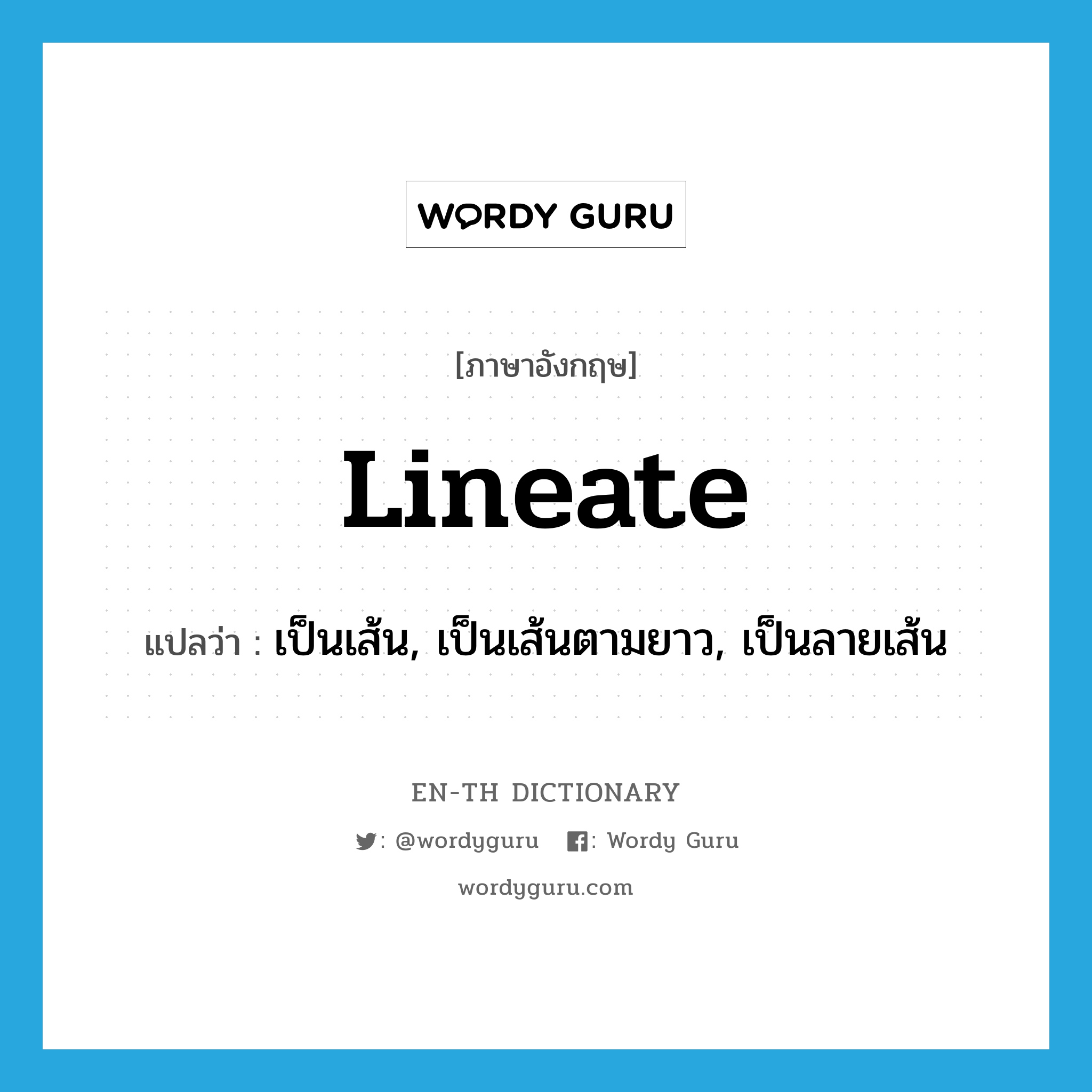 lineate แปลว่า?, คำศัพท์ภาษาอังกฤษ lineate แปลว่า เป็นเส้น, เป็นเส้นตามยาว, เป็นลายเส้น ประเภท ADJ หมวด ADJ