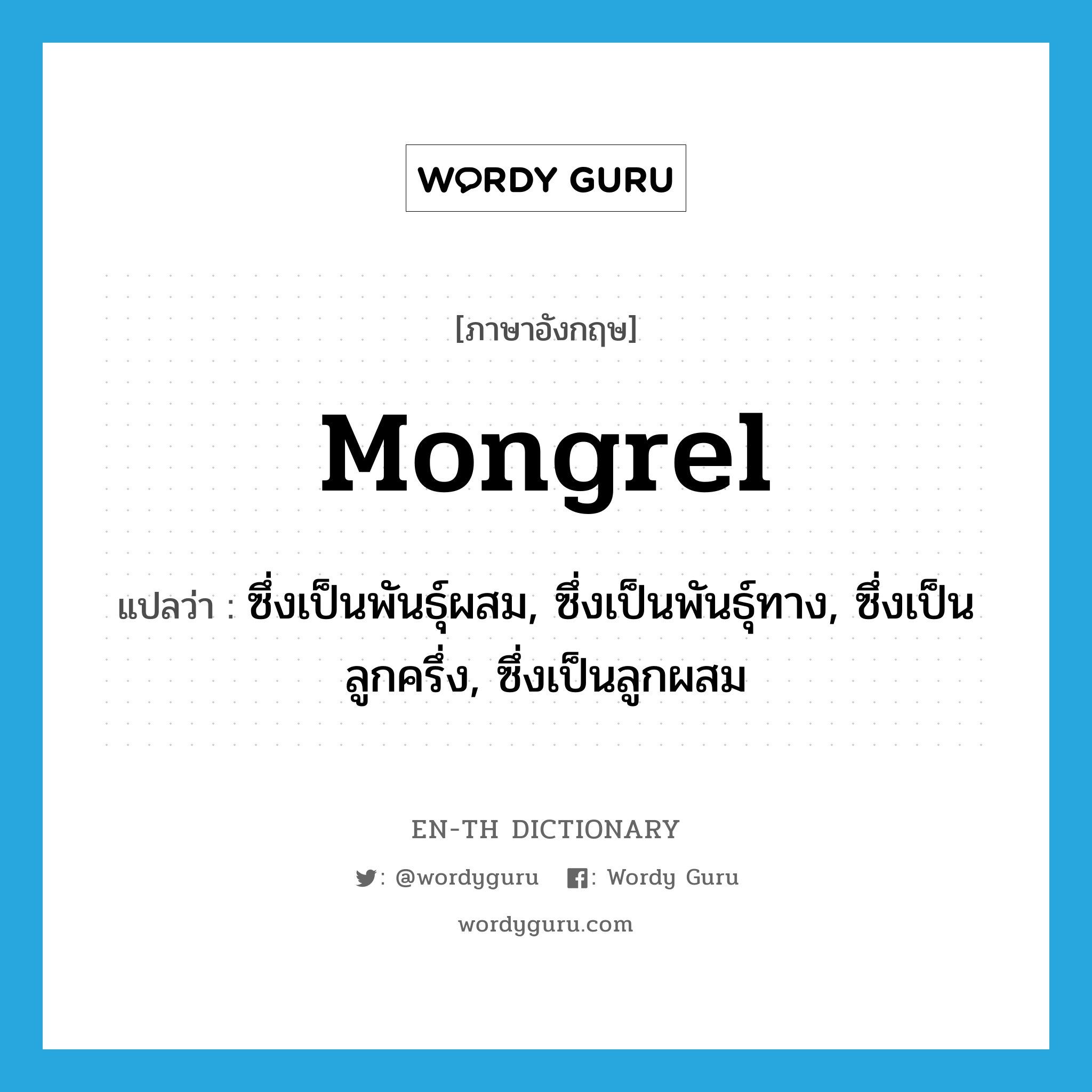 mongrel แปลว่า?, คำศัพท์ภาษาอังกฤษ mongrel แปลว่า ซึ่งเป็นพันธุ์ผสม, ซึ่งเป็นพันธุ์ทาง, ซึ่งเป็นลูกครึ่ง, ซึ่งเป็นลูกผสม ประเภท ADJ หมวด ADJ