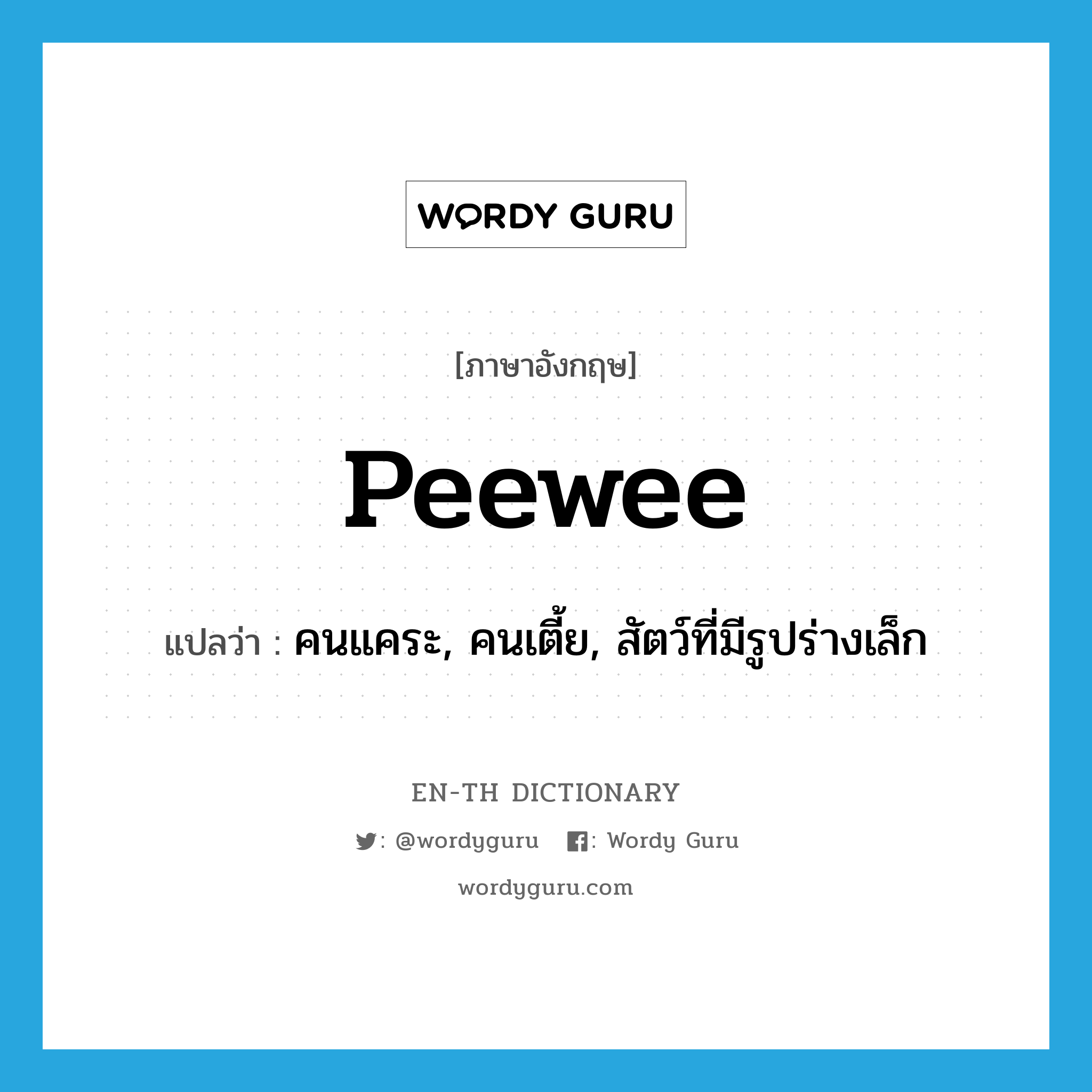 peewee แปลว่า?, คำศัพท์ภาษาอังกฤษ peewee แปลว่า คนแคระ, คนเตี้ย, สัตว์ที่มีรูปร่างเล็ก ประเภท N หมวด N