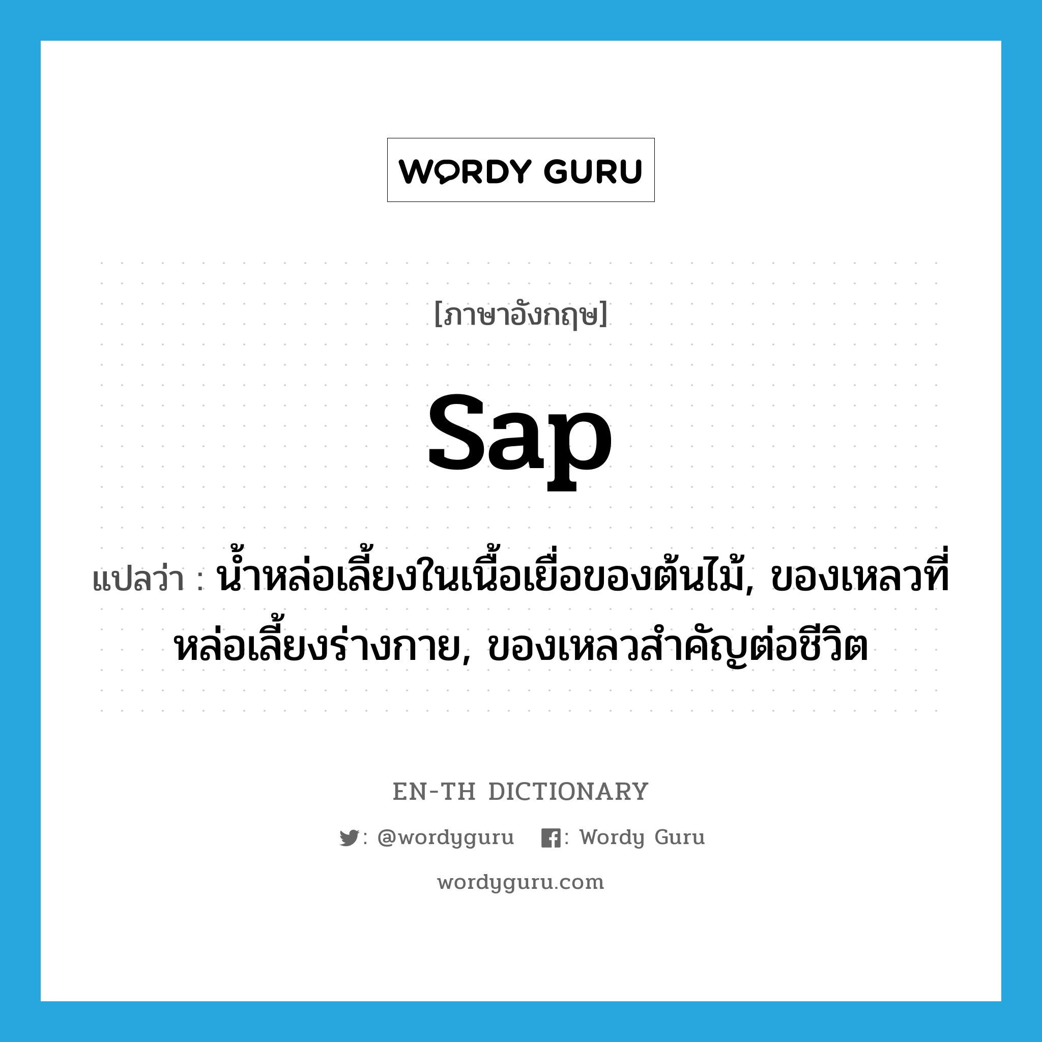 sap แปลว่า?, คำศัพท์ภาษาอังกฤษ sap แปลว่า น้ำหล่อเลี้ยงในเนื้อเยื่อของต้นไม้, ของเหลวที่หล่อเลี้ยงร่างกาย, ของเหลวสำคัญต่อชีวิต ประเภท N หมวด N