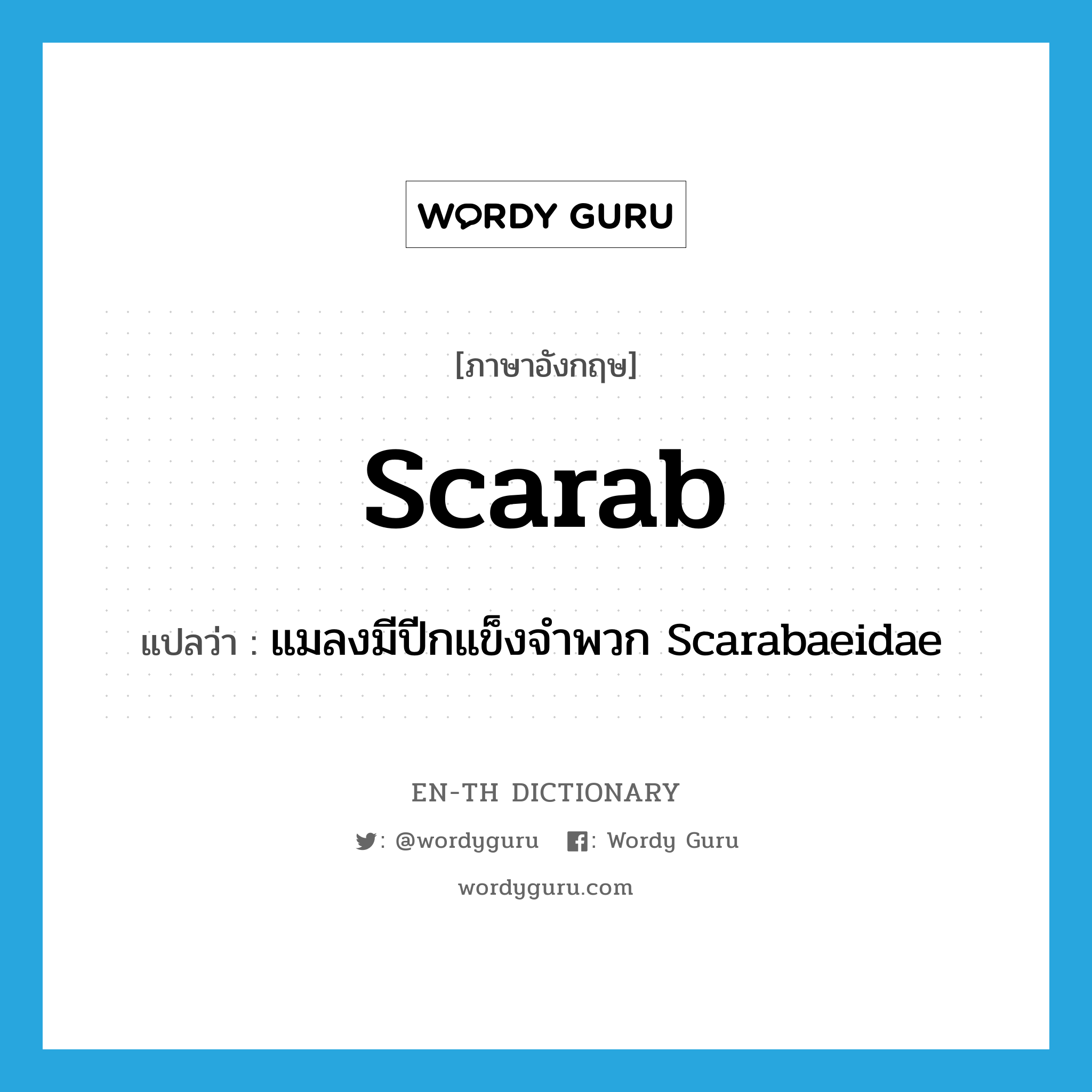 scarab แปลว่า?, คำศัพท์ภาษาอังกฤษ scarab แปลว่า แมลงมีปีกแข็งจำพวก Scarabaeidae ประเภท N หมวด N