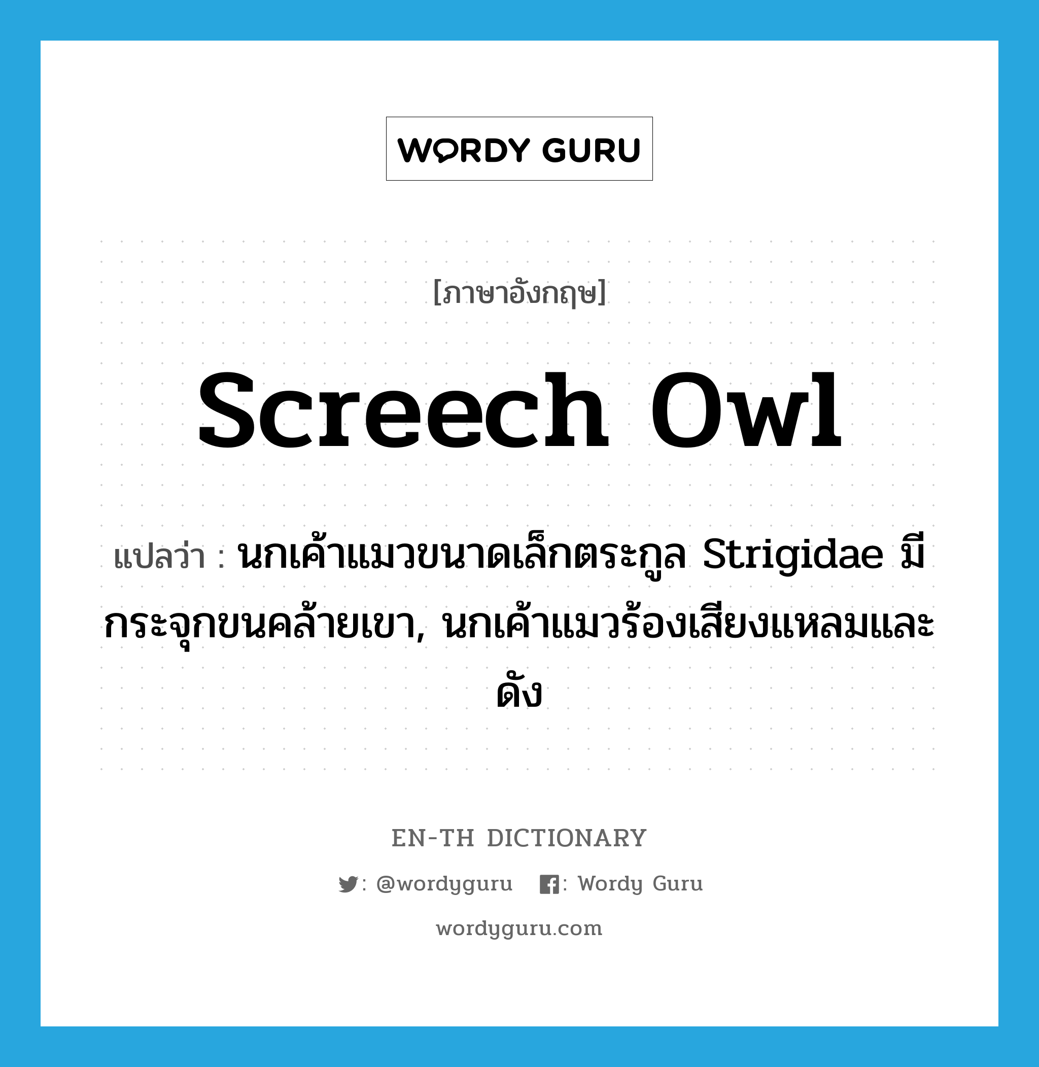 screech owl แปลว่า?, คำศัพท์ภาษาอังกฤษ screech owl แปลว่า นกเค้าแมวขนาดเล็กตระกูล Strigidae มีกระจุกขนคล้ายเขา, นกเค้าแมวร้องเสียงแหลมและดัง ประเภท N หมวด N