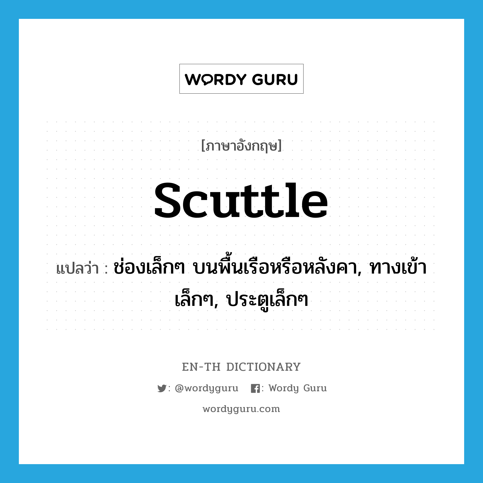 scuttle แปลว่า?, คำศัพท์ภาษาอังกฤษ scuttle แปลว่า ช่องเล็กๆ บนพื้นเรือหรือหลังคา, ทางเข้าเล็กๆ, ประตูเล็กๆ ประเภท N หมวด N