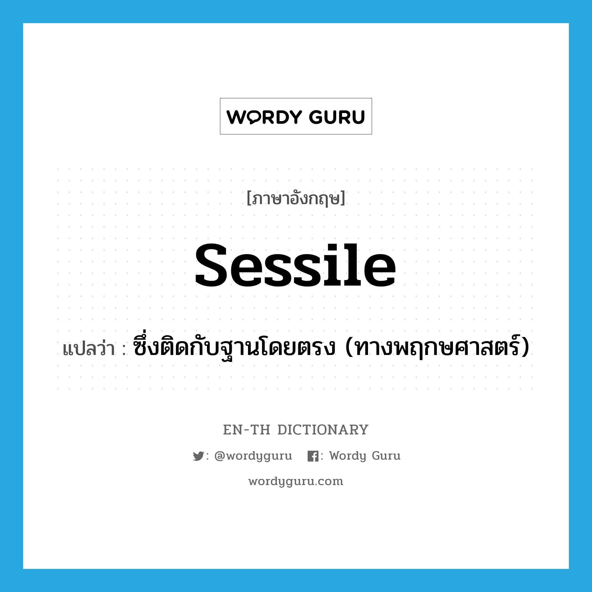 sessile แปลว่า?, คำศัพท์ภาษาอังกฤษ sessile แปลว่า ซึ่งติดกับฐานโดยตรง (ทางพฤกษศาสตร์) ประเภท ADJ หมวด ADJ