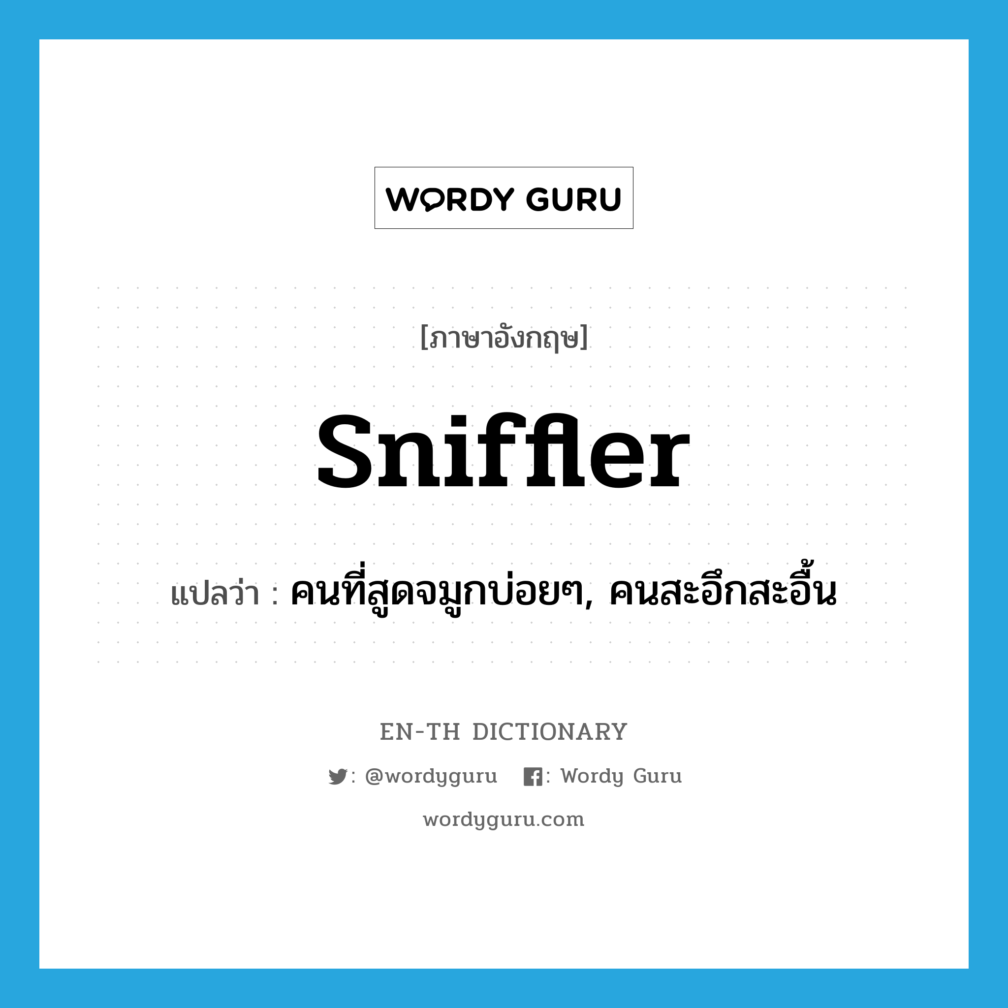 sniffler แปลว่า?, คำศัพท์ภาษาอังกฤษ sniffler แปลว่า คนที่สูดจมูกบ่อยๆ, คนสะอึกสะอื้น ประเภท N หมวด N