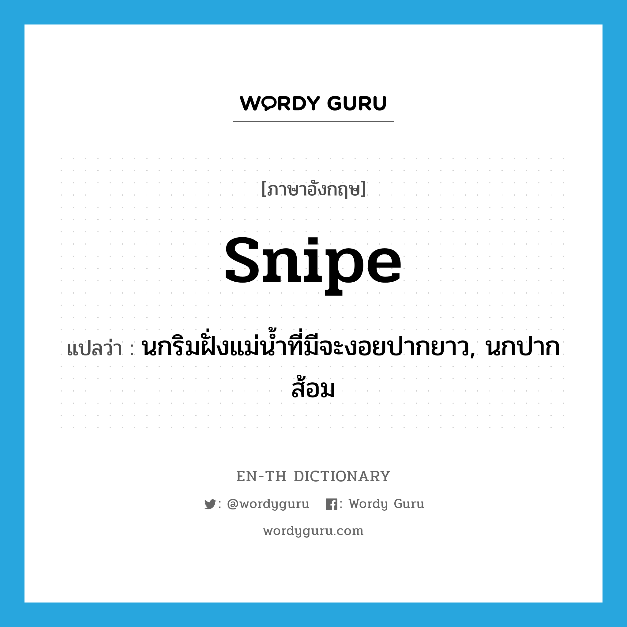 snipe แปลว่า?, คำศัพท์ภาษาอังกฤษ snipe แปลว่า นกริมฝั่งแม่น้ำที่มีจะงอยปากยาว, นกปากส้อม ประเภท N หมวด N