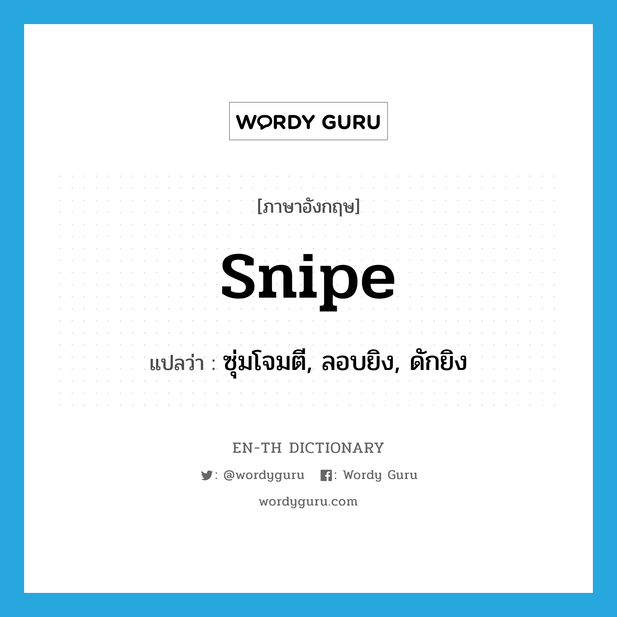 snipe แปลว่า?, คำศัพท์ภาษาอังกฤษ snipe แปลว่า ซุ่มโจมตี, ลอบยิง, ดักยิง ประเภท VT หมวด VT