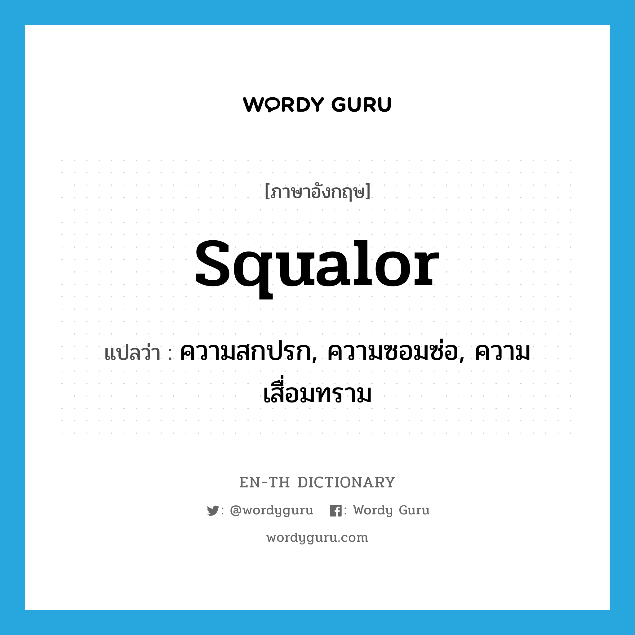 squalor แปลว่า?, คำศัพท์ภาษาอังกฤษ squalor แปลว่า ความสกปรก, ความซอมซ่อ, ความเสื่อมทราม ประเภท N หมวด N