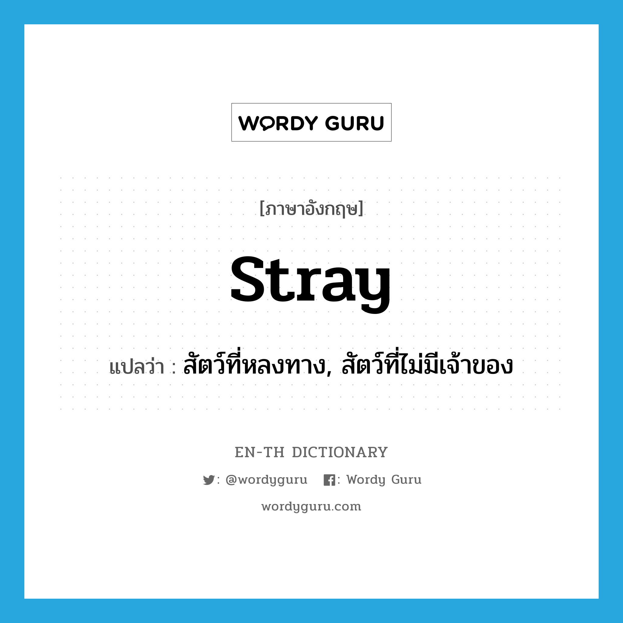 stray แปลว่า?, คำศัพท์ภาษาอังกฤษ stray แปลว่า สัตว์ที่หลงทาง, สัตว์ที่ไม่มีเจ้าของ ประเภท N หมวด N