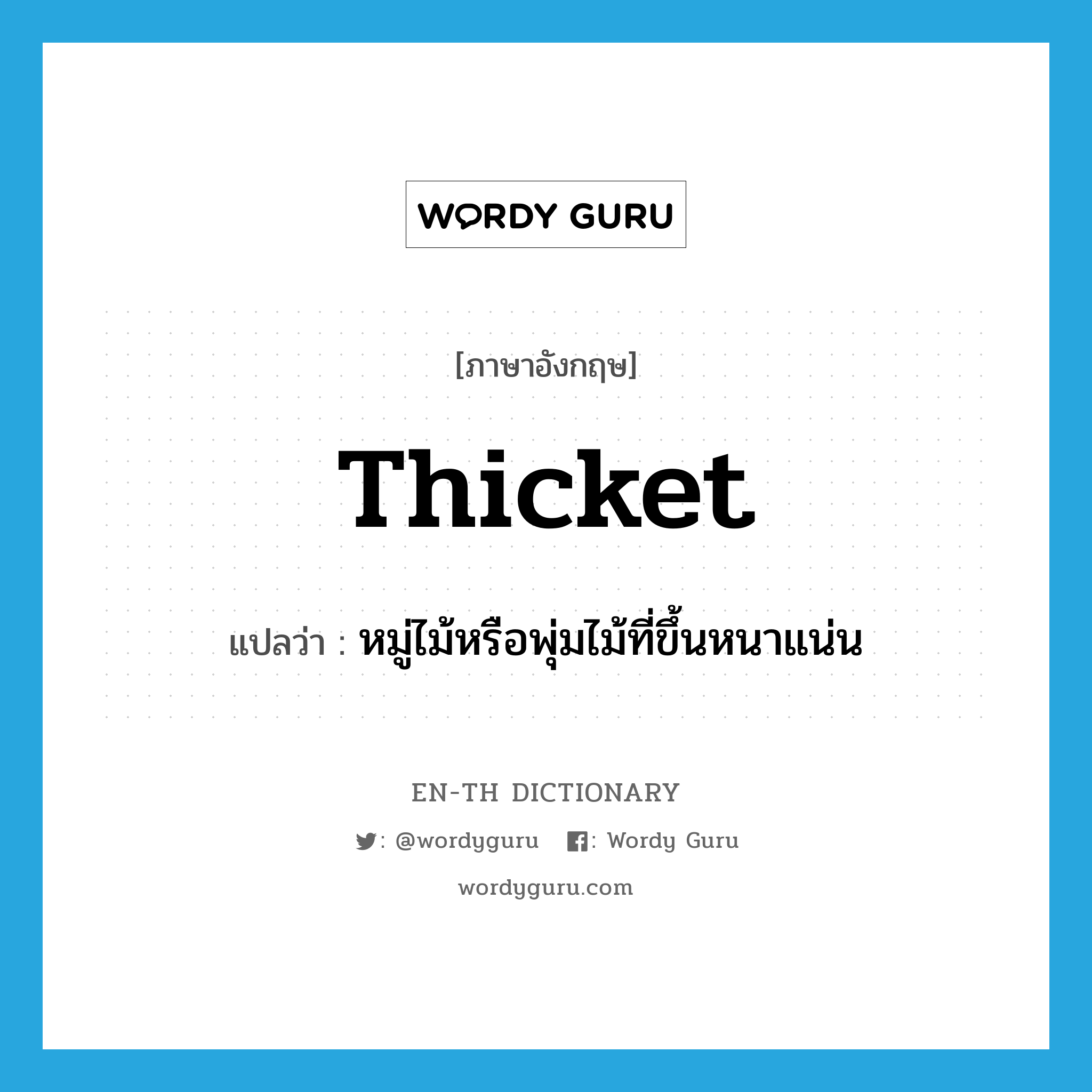 thicket แปลว่า?, คำศัพท์ภาษาอังกฤษ thicket แปลว่า หมู่ไม้หรือพุ่มไม้ที่ขึ้นหนาแน่น ประเภท N หมวด N