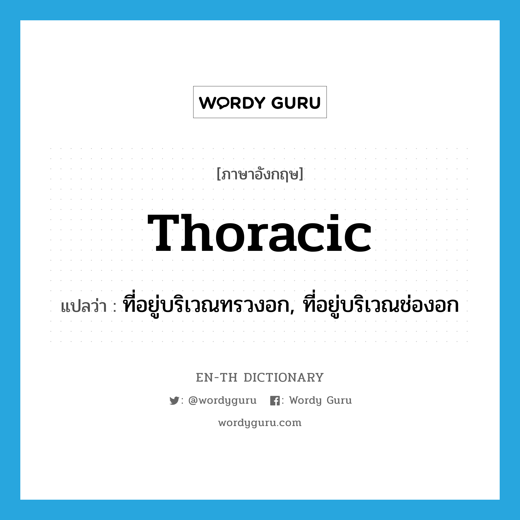 thoracic แปลว่า?, คำศัพท์ภาษาอังกฤษ thoracic แปลว่า ที่อยู่บริเวณทรวงอก, ที่อยู่บริเวณช่องอก ประเภท ADJ หมวด ADJ