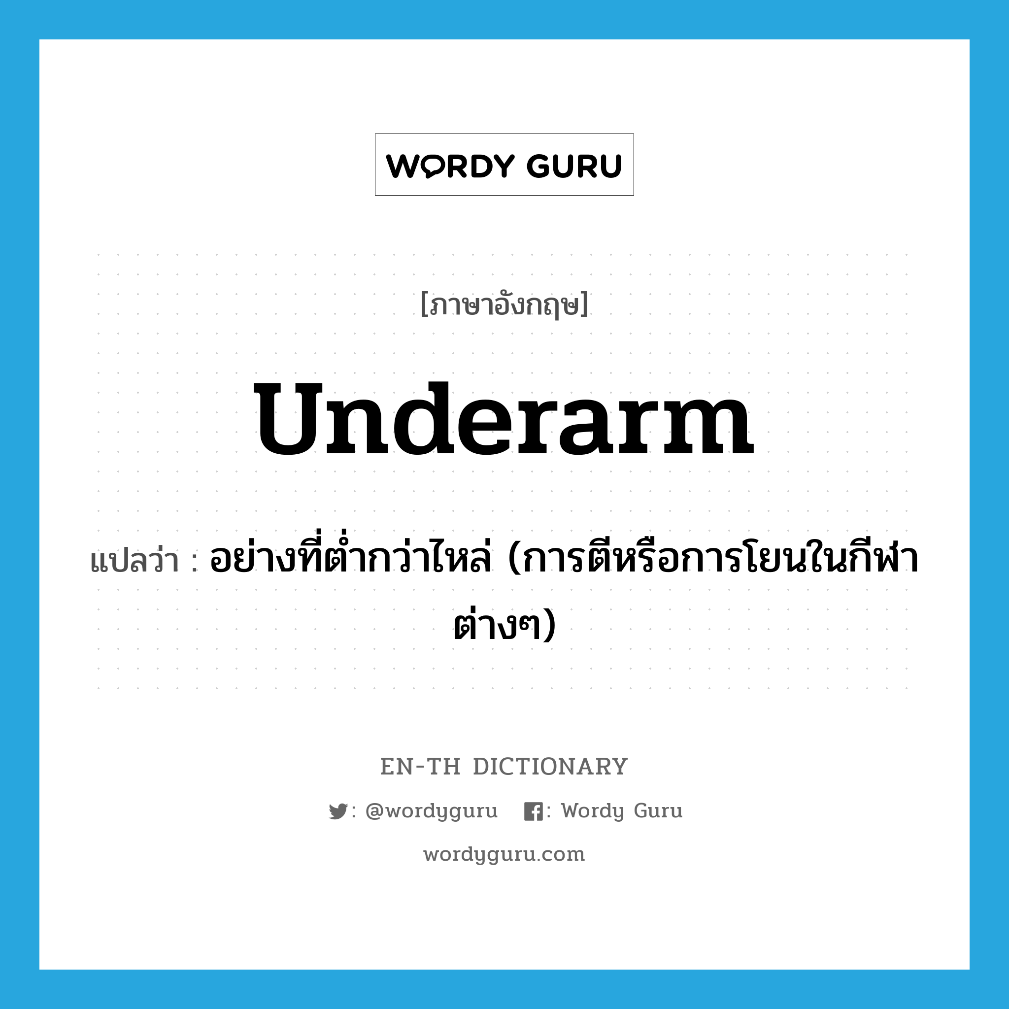 underarm แปลว่า?, คำศัพท์ภาษาอังกฤษ underarm แปลว่า อย่างที่ต่ำกว่าไหล่ (การตีหรือการโยนในกีฬาต่างๆ) ประเภท ADV หมวด ADV