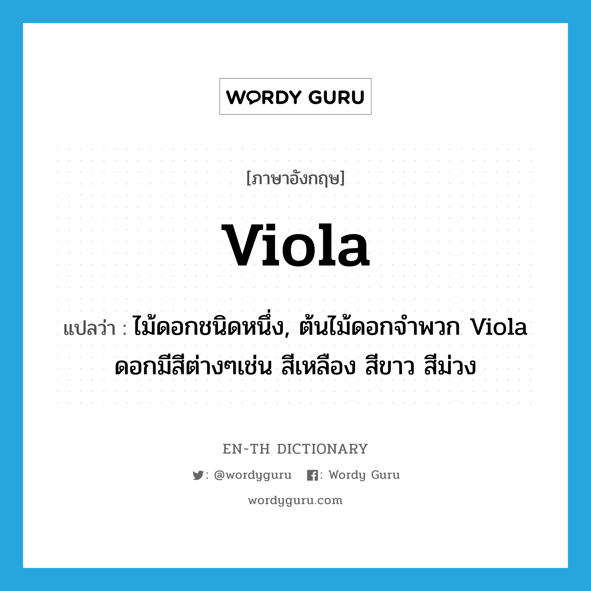 viola แปลว่า?, คำศัพท์ภาษาอังกฤษ viola แปลว่า ไม้ดอกชนิดหนึ่ง, ต้นไม้ดอกจำพวก Viola ดอกมีสีต่างๆเช่น สีเหลือง สีขาว สีม่วง ประเภท N หมวด N