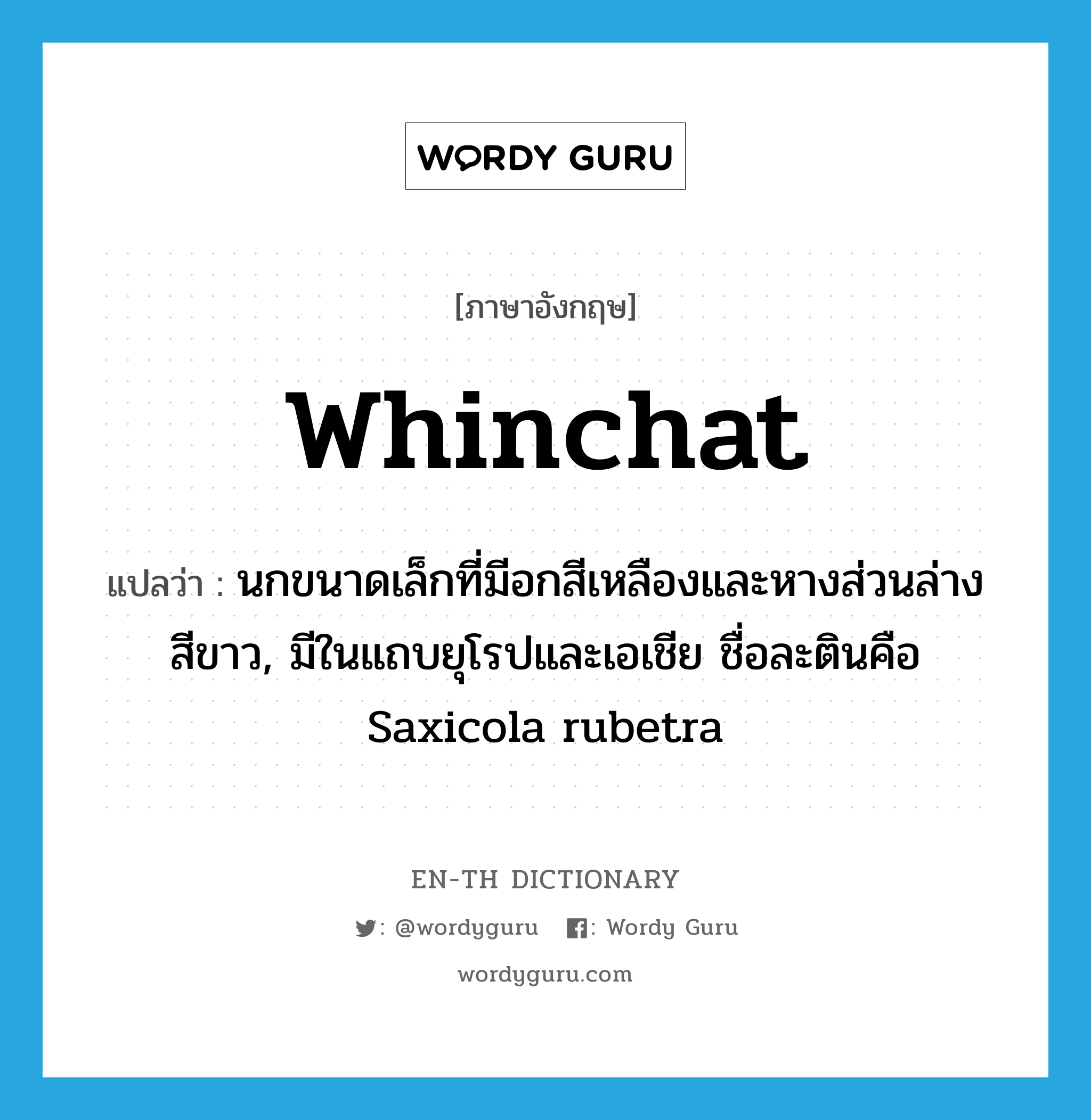 whinchat แปลว่า?, คำศัพท์ภาษาอังกฤษ whinchat แปลว่า นกขนาดเล็กที่มีอกสีเหลืองและหางส่วนล่างสีขาว, มีในแถบยุโรปและเอเชีย ชื่อละตินคือ Saxicola rubetra ประเภท N หมวด N