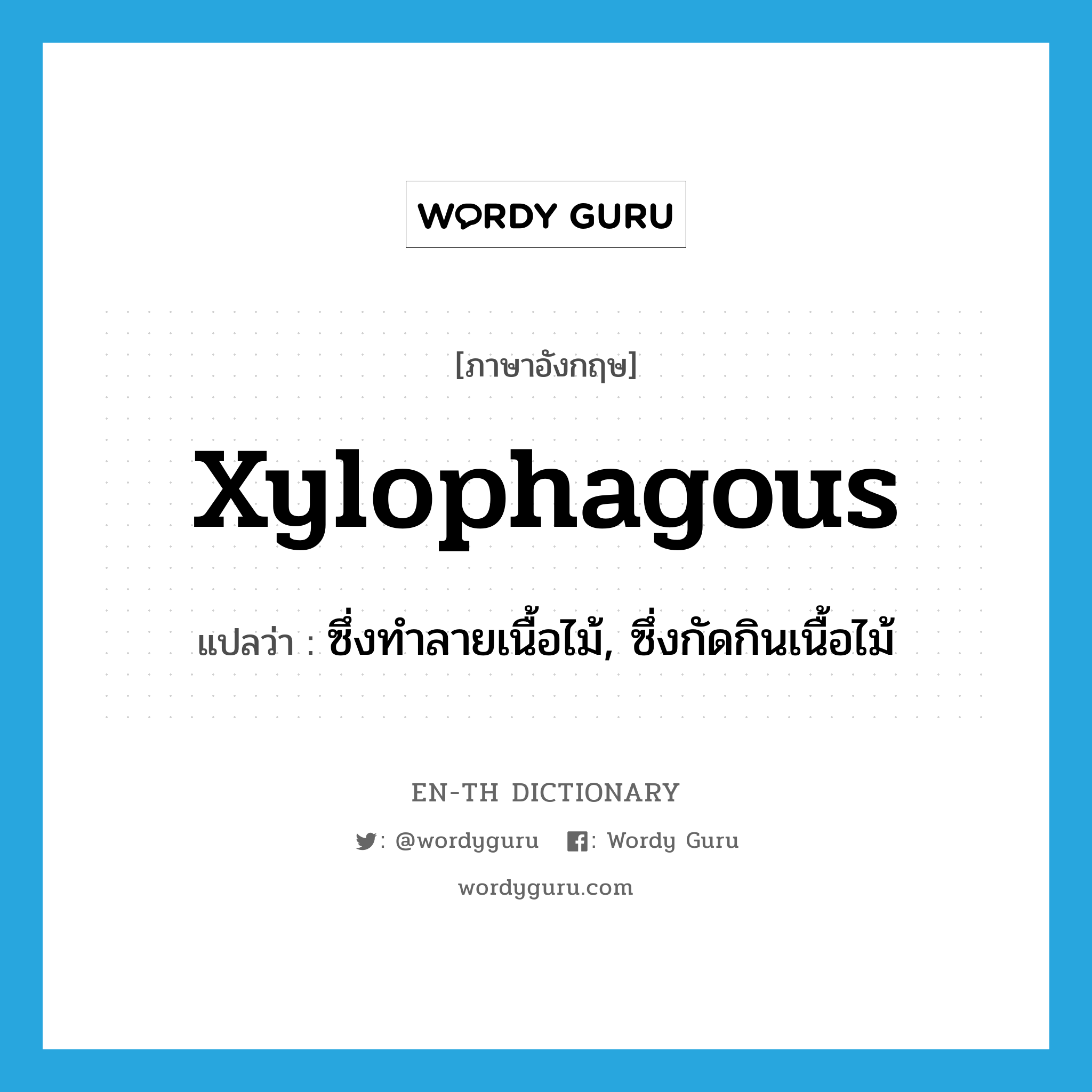 xylophagous แปลว่า?, คำศัพท์ภาษาอังกฤษ xylophagous แปลว่า ซึ่งทำลายเนื้อไม้, ซึ่งกัดกินเนื้อไม้ ประเภท ADJ หมวด ADJ