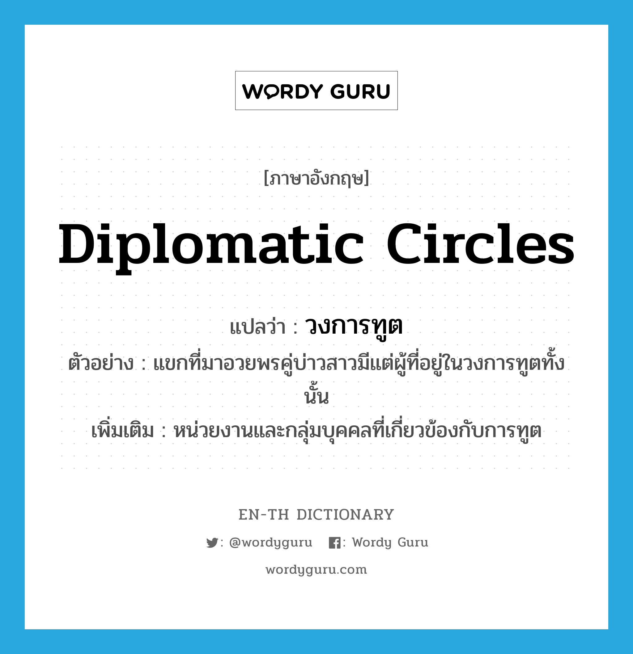 diplomatic circles แปลว่า?, คำศัพท์ภาษาอังกฤษ diplomatic circles แปลว่า วงการทูต ประเภท N ตัวอย่าง แขกที่มาอวยพรคู่บ่าวสาวมีแต่ผู้ที่อยู่ในวงการทูตทั้งนั้น เพิ่มเติม หน่วยงานและกลุ่มบุคคลที่เกี่ยวข้องกับการทูต หมวด N