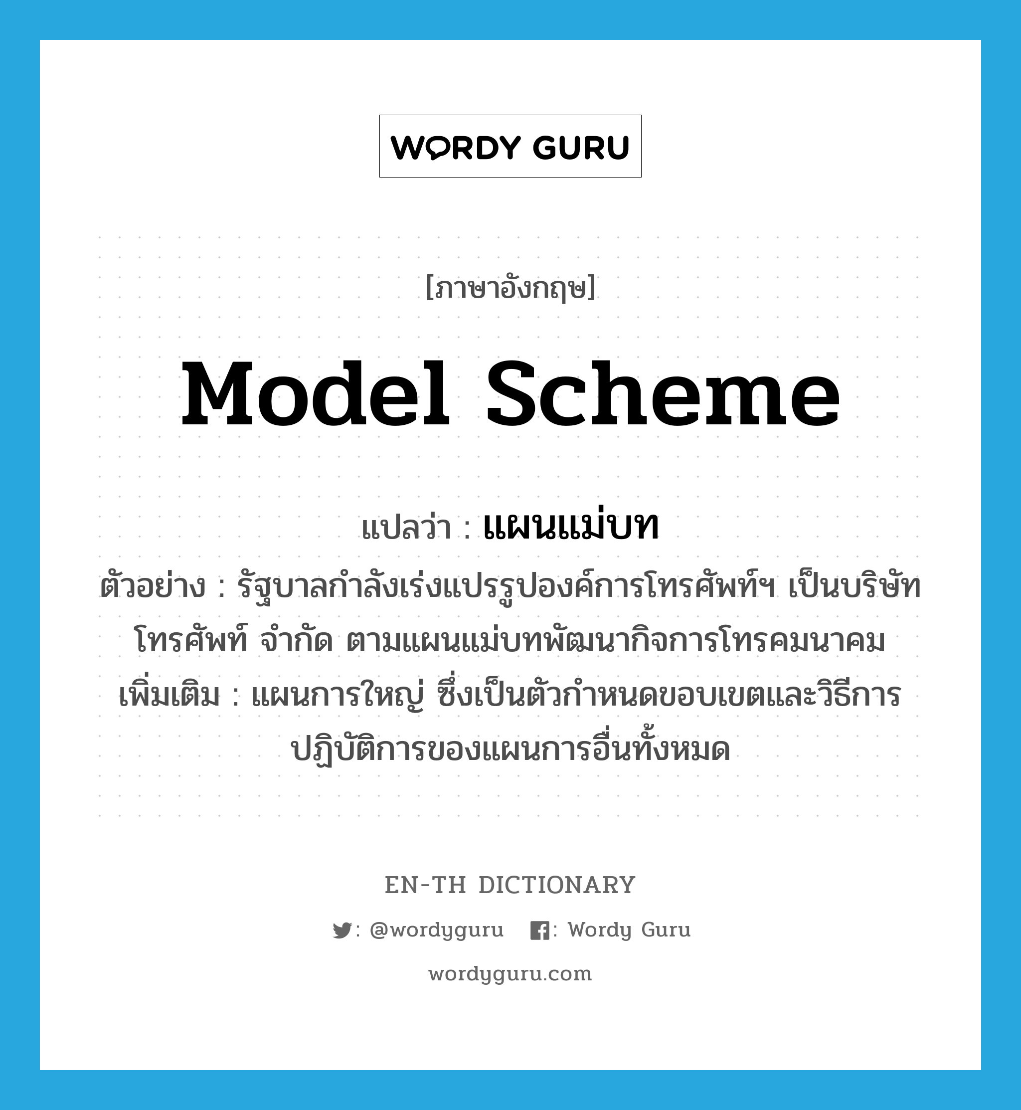 model scheme แปลว่า?, คำศัพท์ภาษาอังกฤษ model scheme แปลว่า แผนแม่บท ประเภท N ตัวอย่าง รัฐบาลกำลังเร่งแปรรูปองค์การโทรศัพท์ฯ เป็นบริษัทโทรศัพท์ จำกัด ตามแผนแม่บทพัฒนากิจการโทรคมนาคม เพิ่มเติม แผนการใหญ่ ซึ่งเป็นตัวกำหนดขอบเขตและวิธีการปฏิบัติการของแผนการอื่นทั้งหมด หมวด N