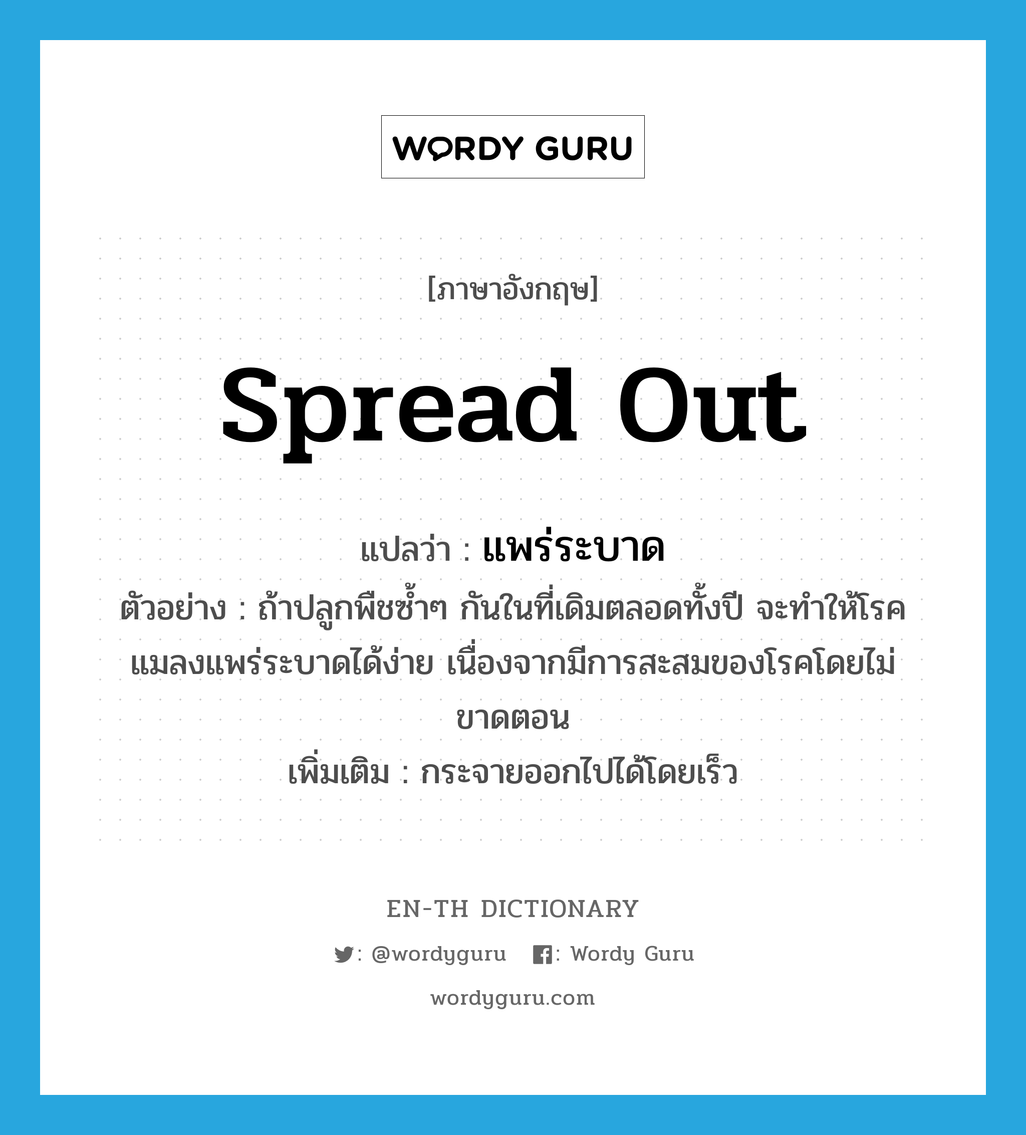 spread out แปลว่า?, คำศัพท์ภาษาอังกฤษ spread out แปลว่า แพร่ระบาด ประเภท V ตัวอย่าง ถ้าปลูกพืชซ้ำๆ กันในที่เดิมตลอดทั้งปี จะทำให้โรคแมลงแพร่ระบาดได้ง่าย เนื่องจากมีการสะสมของโรคโดยไม่ขาดตอน เพิ่มเติม กระจายออกไปได้โดยเร็ว หมวด V