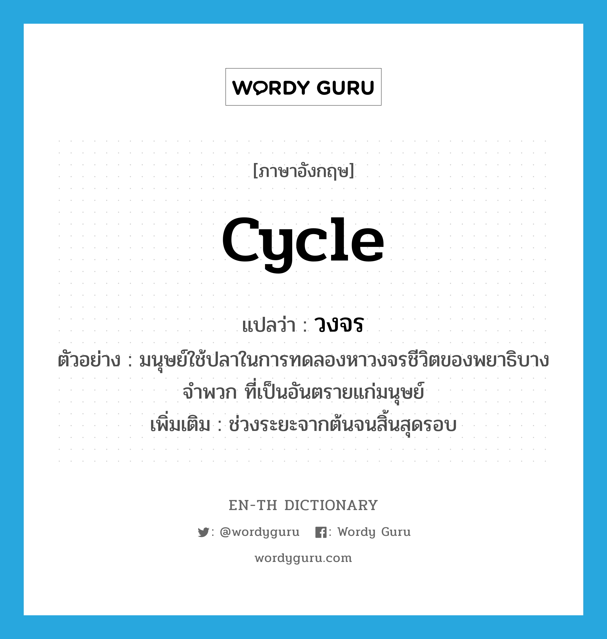 cycle แปลว่า?, คำศัพท์ภาษาอังกฤษ cycle แปลว่า วงจร ประเภท N ตัวอย่าง มนุษย์ใช้ปลาในการทดลองหาวงจรชีวิตของพยาธิบางจำพวก ที่เป็นอันตรายแก่มนุษย์ เพิ่มเติม ช่วงระยะจากต้นจนสิ้นสุดรอบ หมวด N