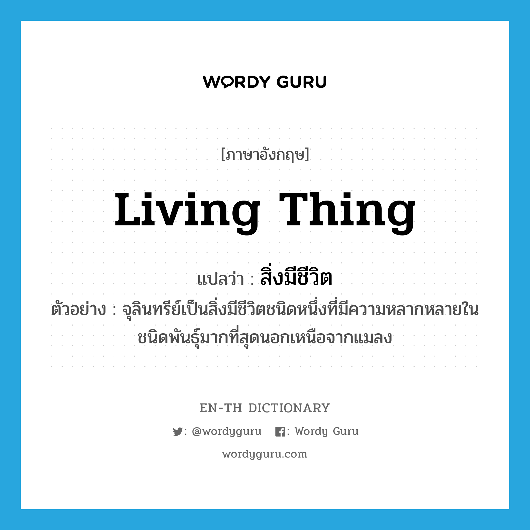 living thing แปลว่า?, คำศัพท์ภาษาอังกฤษ living thing แปลว่า สิ่งมีชีวิต ประเภท N ตัวอย่าง จุลินทรีย์เป็นสิ่งมีชีวิตชนิดหนึ่งที่มีความหลากหลายในชนิดพันธุ์มากที่สุดนอกเหนือจากแมลง หมวด N