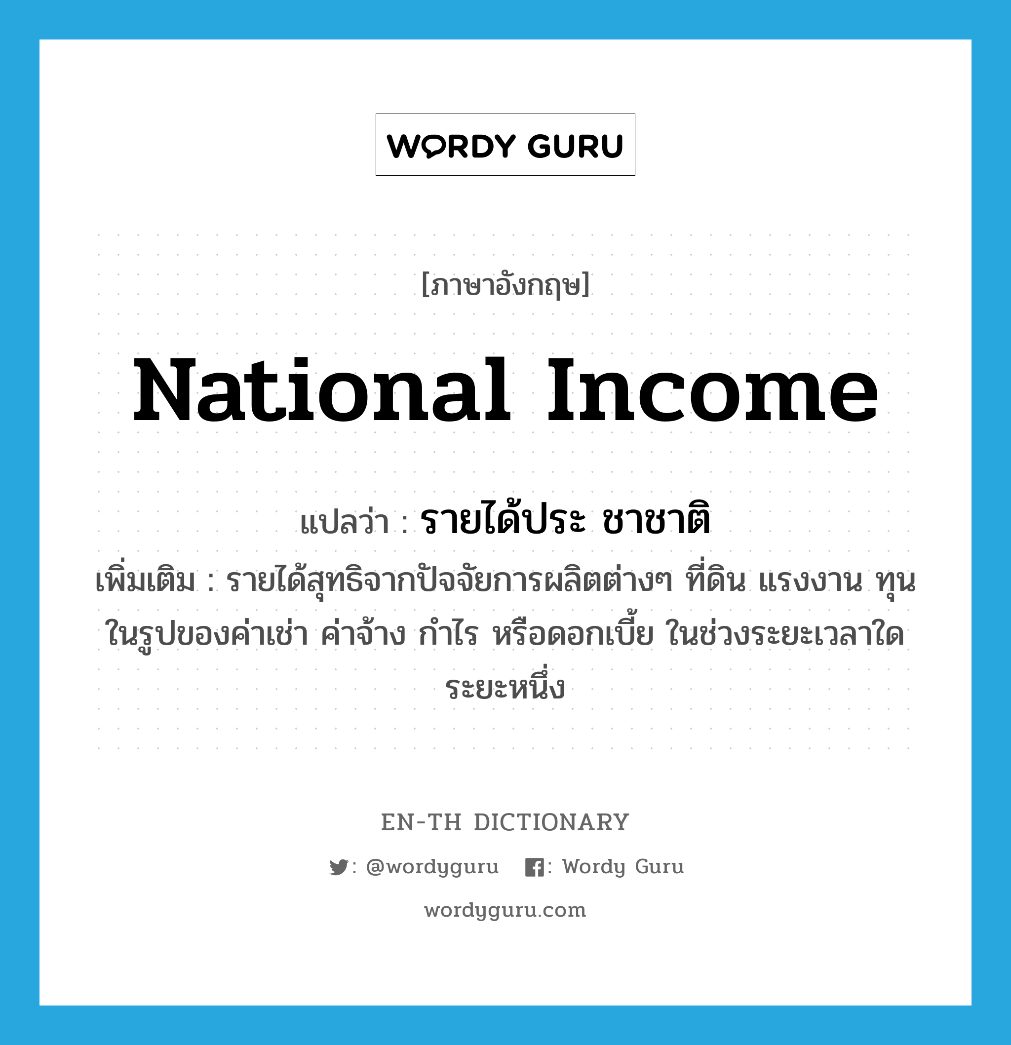 national income แปลว่า?, คำศัพท์ภาษาอังกฤษ national income แปลว่า รายได้ประ ชาชาติ ประเภท N เพิ่มเติม รายได้สุทธิจากปัจจัยการผลิตต่างๆ ที่ดิน แรงงาน ทุน ในรูปของค่าเช่า ค่าจ้าง กำไร หรือดอกเบี้ย ในช่วงระยะเวลาใดระยะหนึ่ง หมวด N