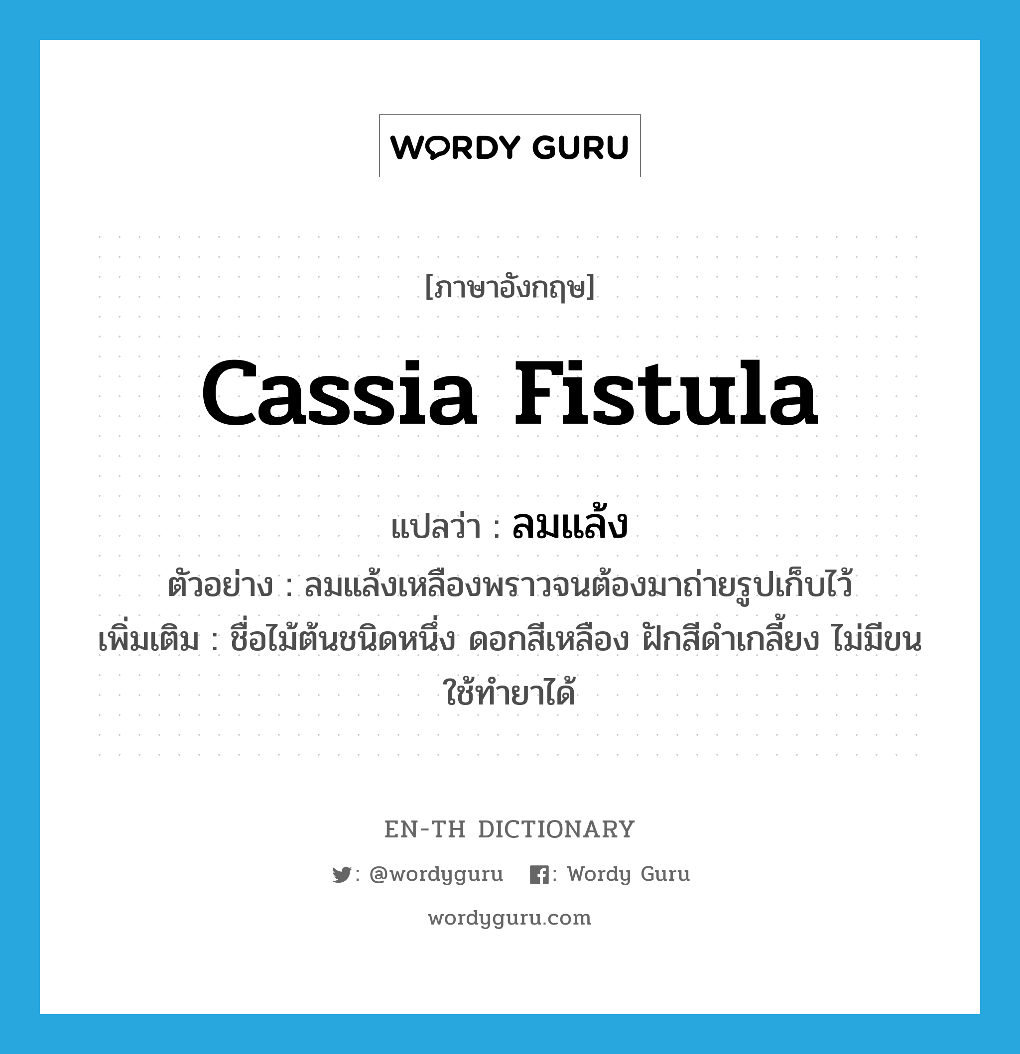 Cassia fistula แปลว่า? คำศัพท์ในกลุ่มประเภท N, คำศัพท์ภาษาอังกฤษ Cassia fistula แปลว่า ลมแล้ง ประเภท N ตัวอย่าง ลมแล้งเหลืองพราวจนต้องมาถ่ายรูปเก็บไว้ เพิ่มเติม ชื่อไม้ต้นชนิดหนึ่ง ดอกสีเหลือง ฝักสีดำเกลี้ยง ไม่มีขน ใช้ทำยาได้ หมวด N