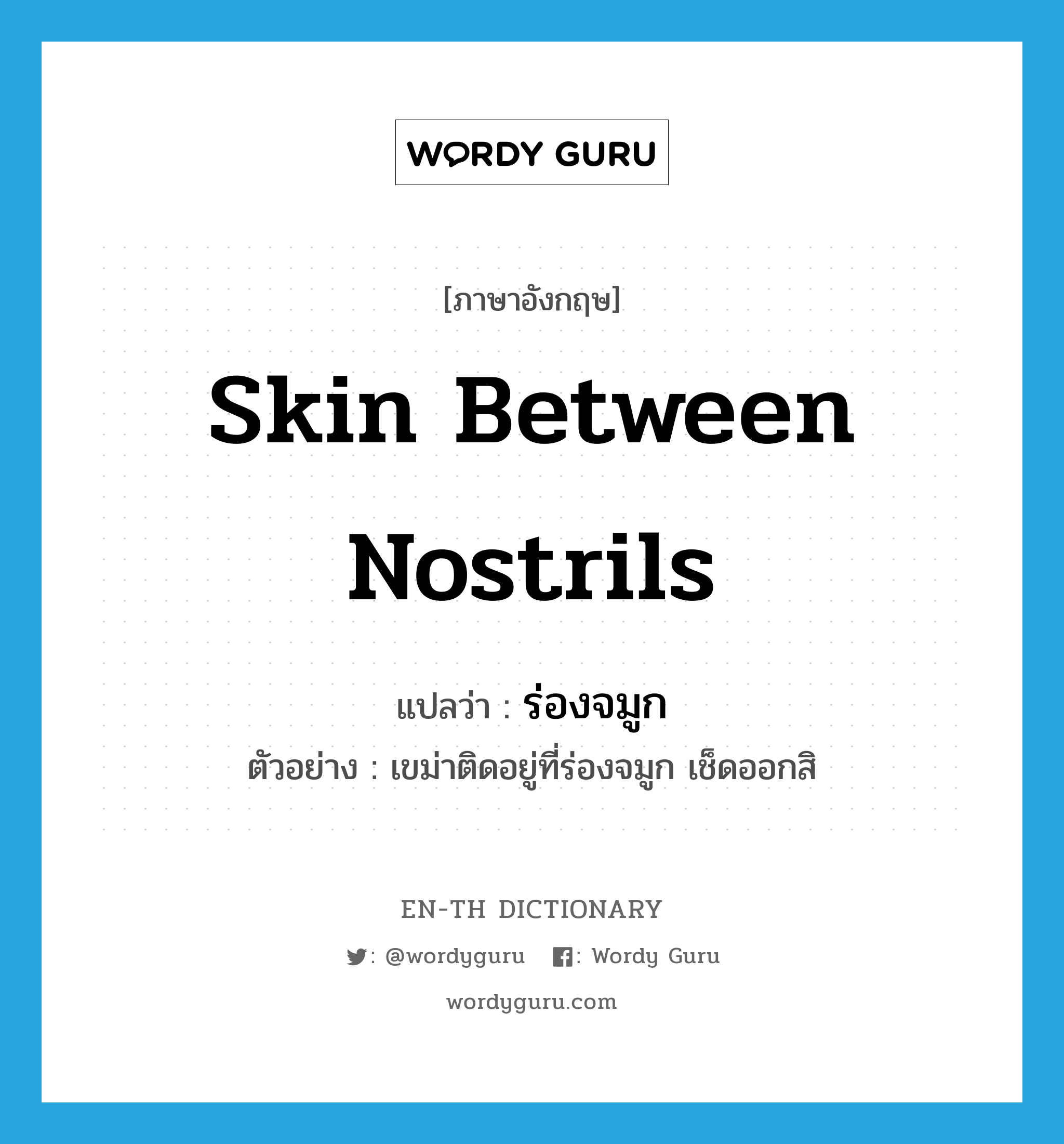 skin between nostrils แปลว่า?, คำศัพท์ภาษาอังกฤษ skin between nostrils แปลว่า ร่องจมูก ประเภท N ตัวอย่าง เขม่าติดอยู่ที่ร่องจมูก เช็ดออกสิ หมวด N