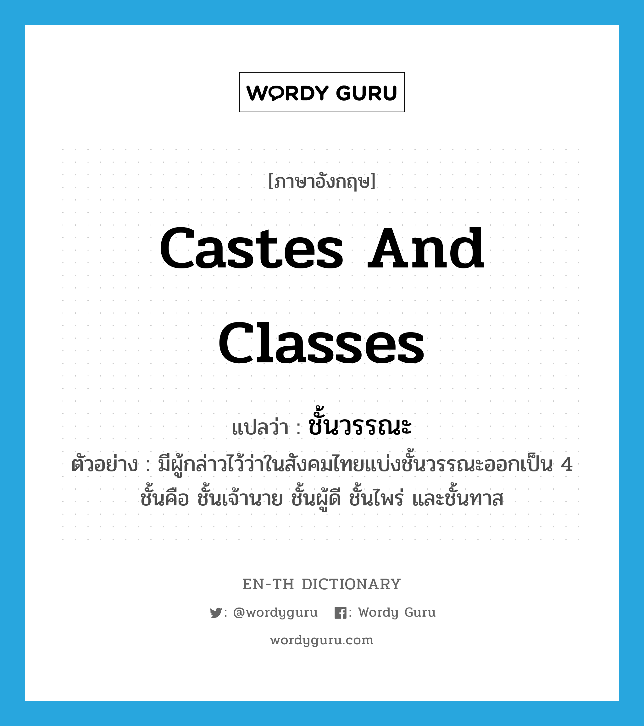 castes and classes แปลว่า?, คำศัพท์ภาษาอังกฤษ castes and classes แปลว่า ชั้นวรรณะ ประเภท N ตัวอย่าง มีผู้กล่าวไว้ว่าในสังคมไทยแบ่งชั้นวรรณะออกเป็น 4 ชั้นคือ ชั้นเจ้านาย ชั้นผู้ดี ชั้นไพร่ และชั้นทาส หมวด N