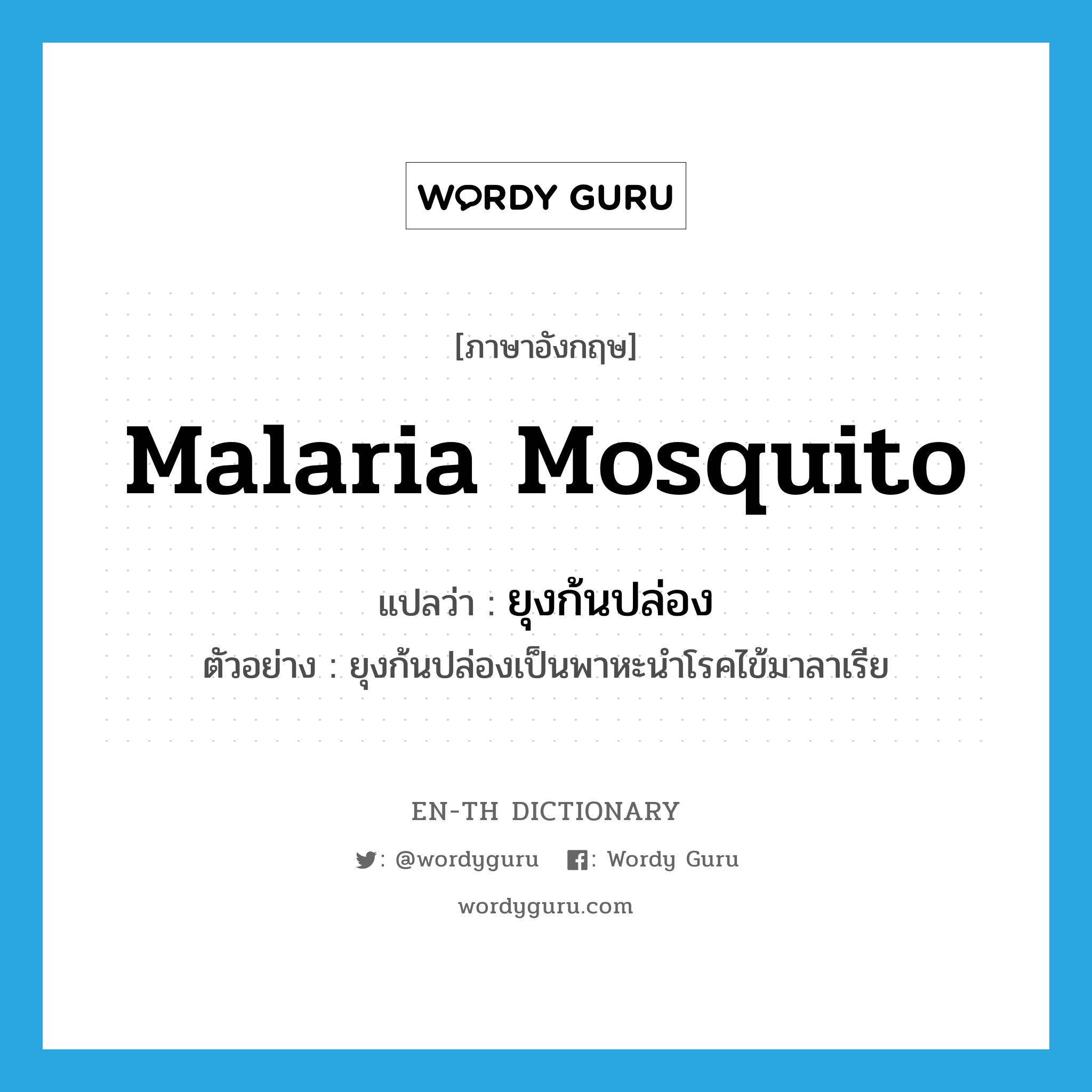 malaria mosquito แปลว่า?, คำศัพท์ภาษาอังกฤษ malaria mosquito แปลว่า ยุงก้นปล่อง ประเภท N ตัวอย่าง ยุงก้นปล่องเป็นพาหะนำโรคไข้มาลาเรีย หมวด N