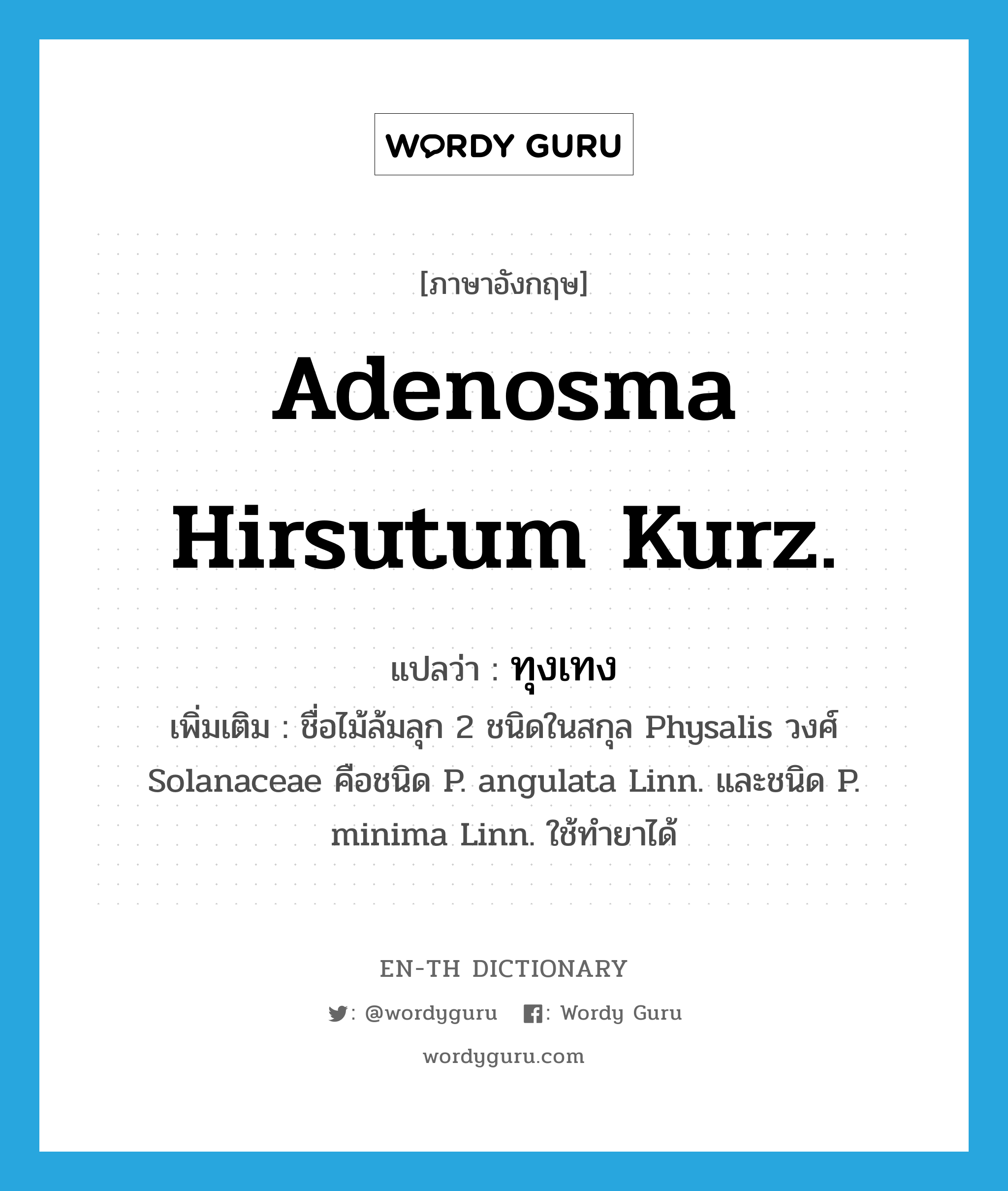 Adenosma hirsutum Kurz. แปลว่า?, คำศัพท์ภาษาอังกฤษ Adenosma hirsutum Kurz. แปลว่า ทุงเทง ประเภท N เพิ่มเติม ชื่อไม้ล้มลุก 2 ชนิดในสกุล Physalis วงศ์ Solanaceae คือชนิด P. angulata Linn. และชนิด P. minima Linn. ใช้ทำยาได้ หมวด N