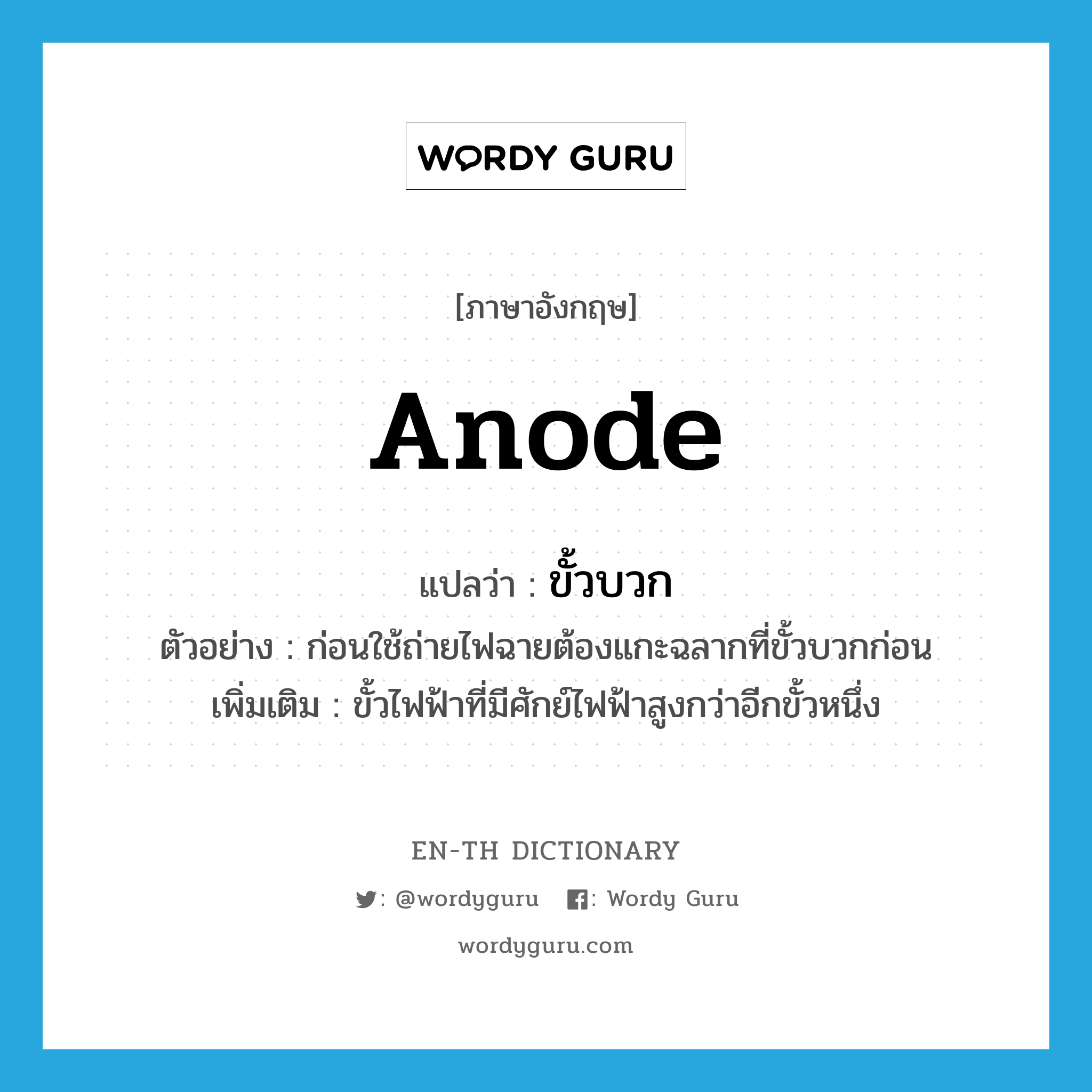 anode แปลว่า?, คำศัพท์ภาษาอังกฤษ anode แปลว่า ขั้วบวก ประเภท N ตัวอย่าง ก่อนใช้ถ่ายไฟฉายต้องแกะฉลากที่ขั้วบวกก่อน เพิ่มเติม ขั้วไฟฟ้าที่มีศักย์ไฟฟ้าสูงกว่าอีกขั้วหนึ่ง หมวด N